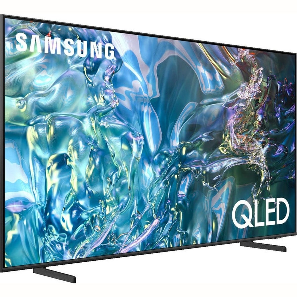 Telewizor Samsung QLED, prezentujący żywy, abstrakcyjny, kolorowy obraz. Telewizor jest czarny, na stojaku.