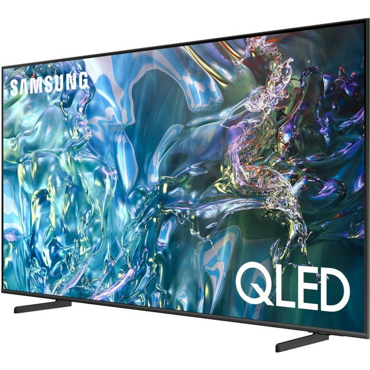 Telewizor Samsung QLED. Ekran wyświetla kolorowy, abstrakcyjny obraz. Czarna ramka i podstawa.