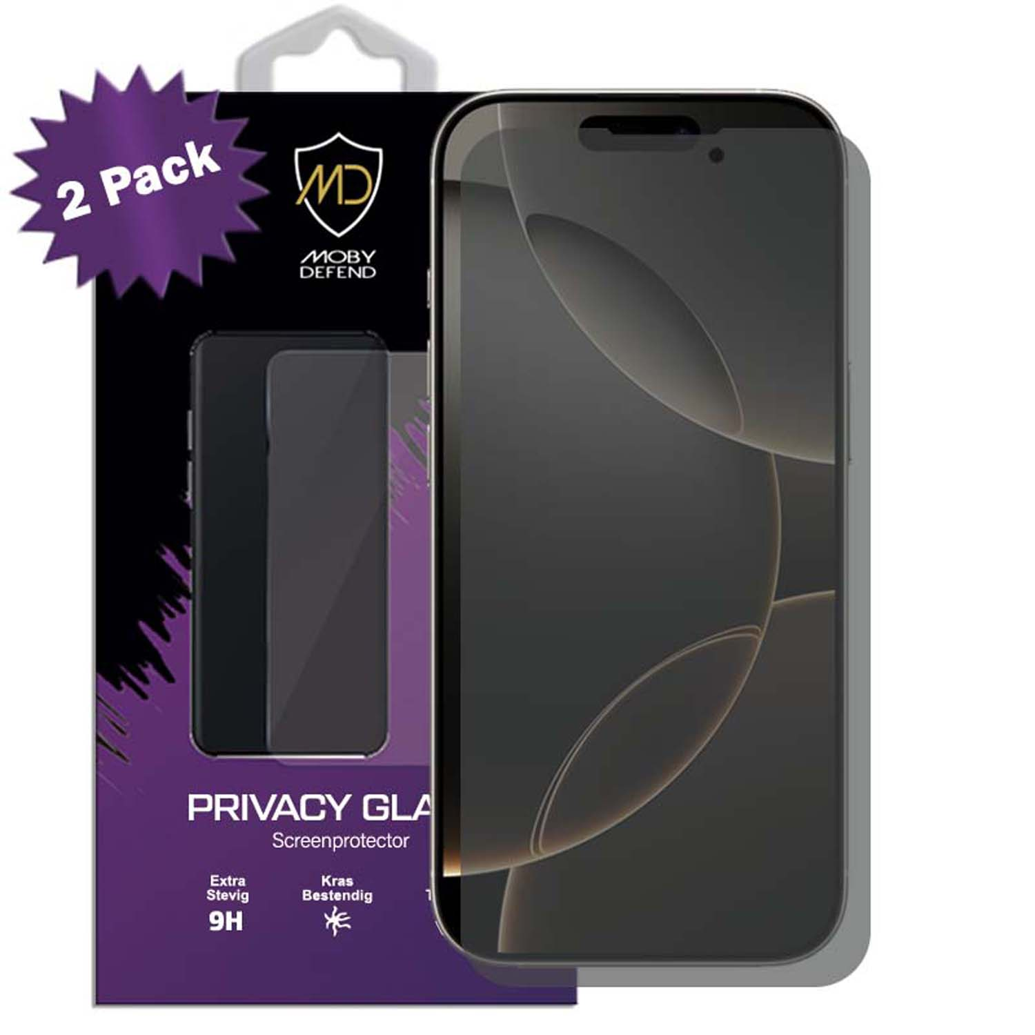 Paquet de protecteur d'écran avec un téléphone et deux protecteurs. L'écran est rose.