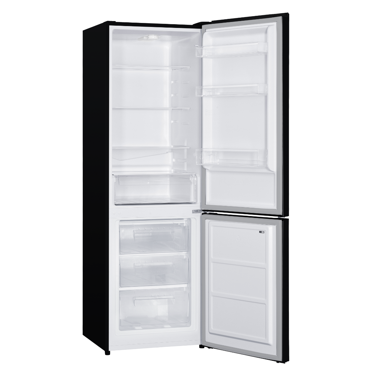 Zwarte koelkast met open deuren, onthullend planken, laden en interieur. Hij is leeg. De deur staat open.