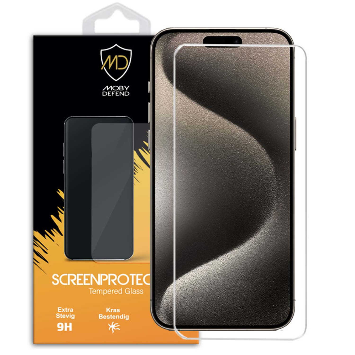 Boîte de protection d'écran et téléphone. Le téléphone a un protecteur d'écran appliqué. Paquet à gauche.
