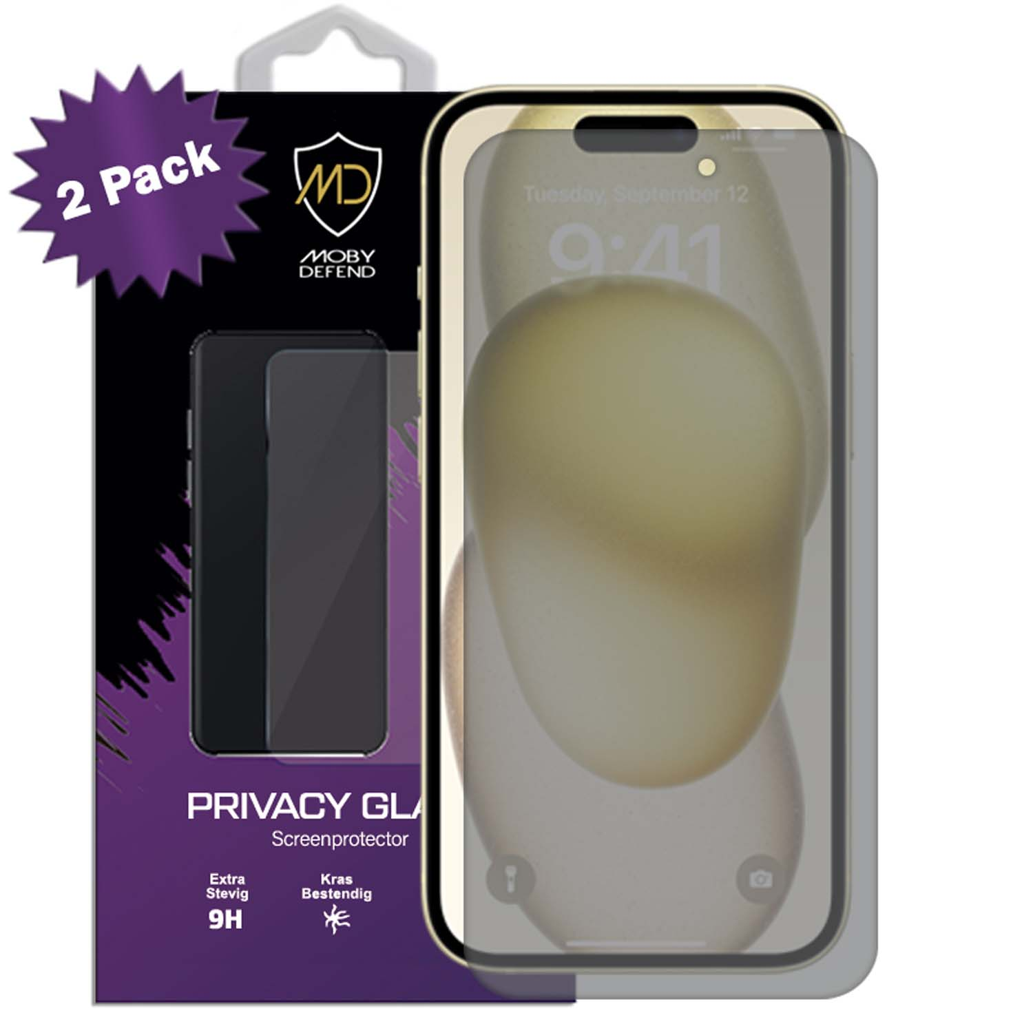 Un emballage de protection d'écran de téléphone. Le téléphone est affiché avec un écran de confidentialité. Il montre l'heure.