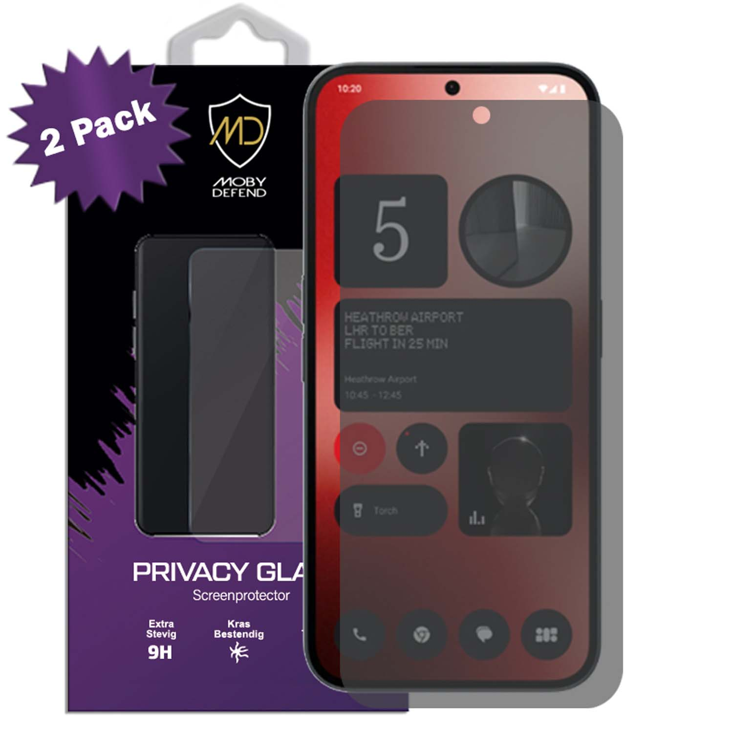Écran de téléphone avec interface, protégé par protecteur. Pack de deux. Texte néerlandais.