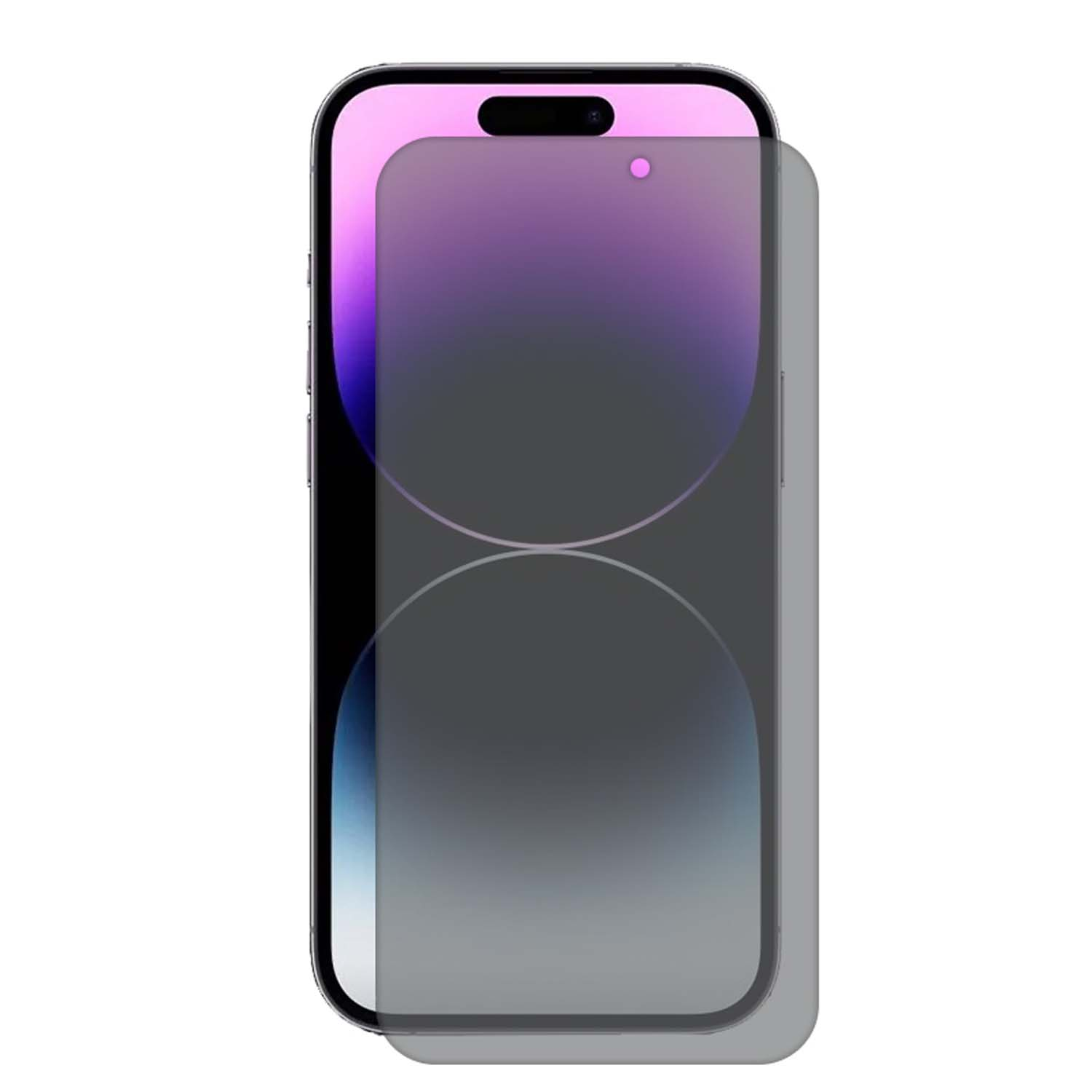 Smartphone avec protecteur d'écran, le téléphone est violet et a une encoche.