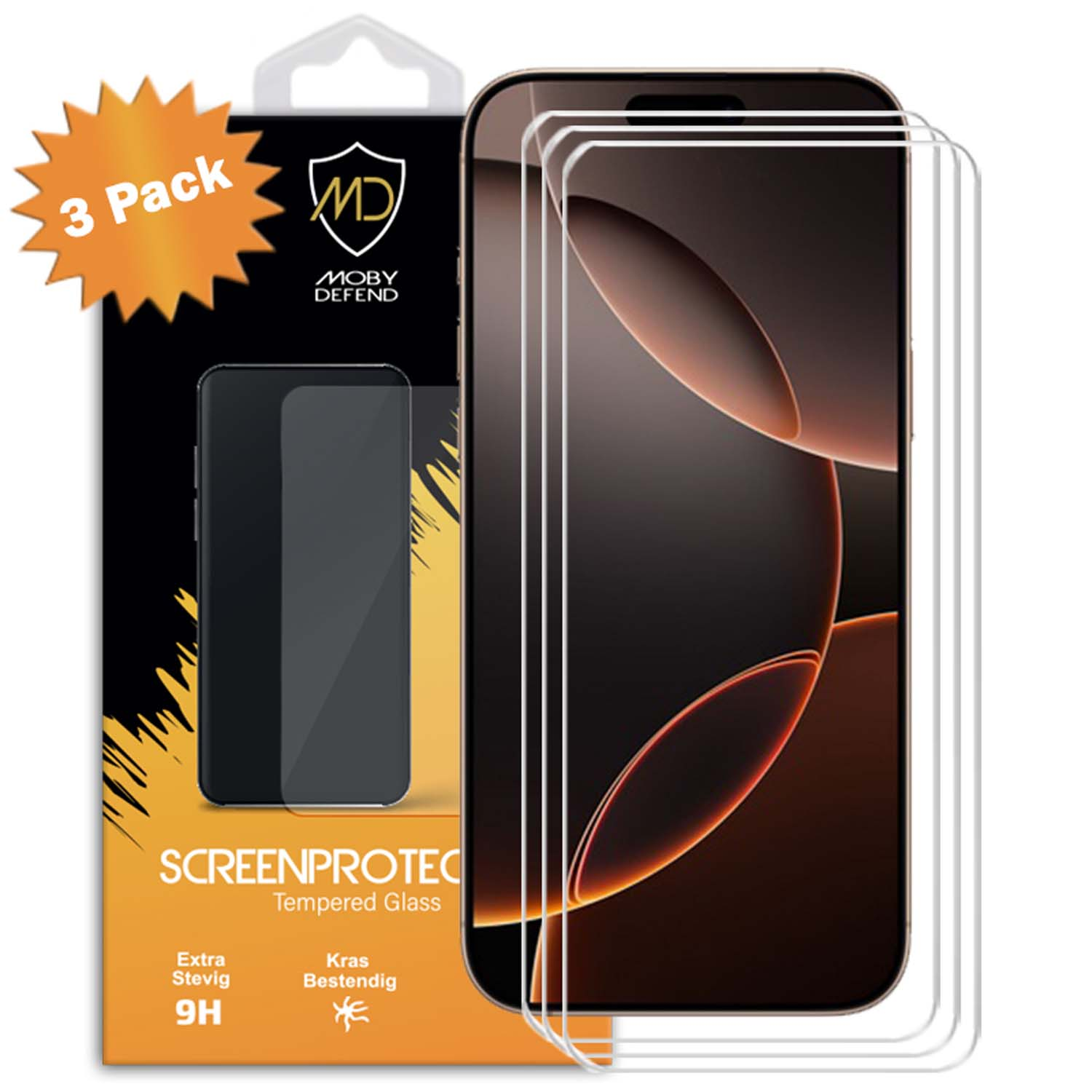 Een 3-pack schermbeschermer voor een telefoon, met een oranje doos en een telefoonafbeelding.