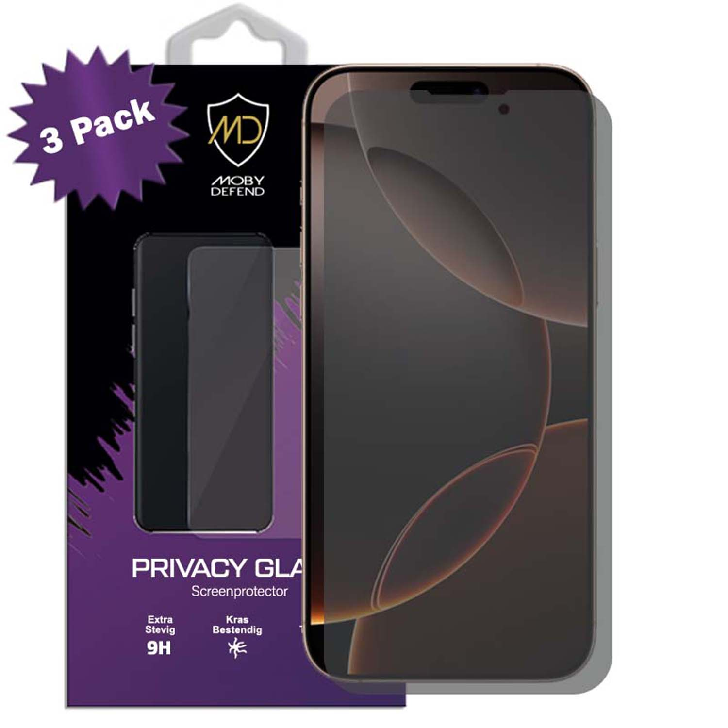 Paquet de protecteurs d'écran en verre de confidentialité pour un téléphone. L'écran est sombre. Le paquet a une étiquette.