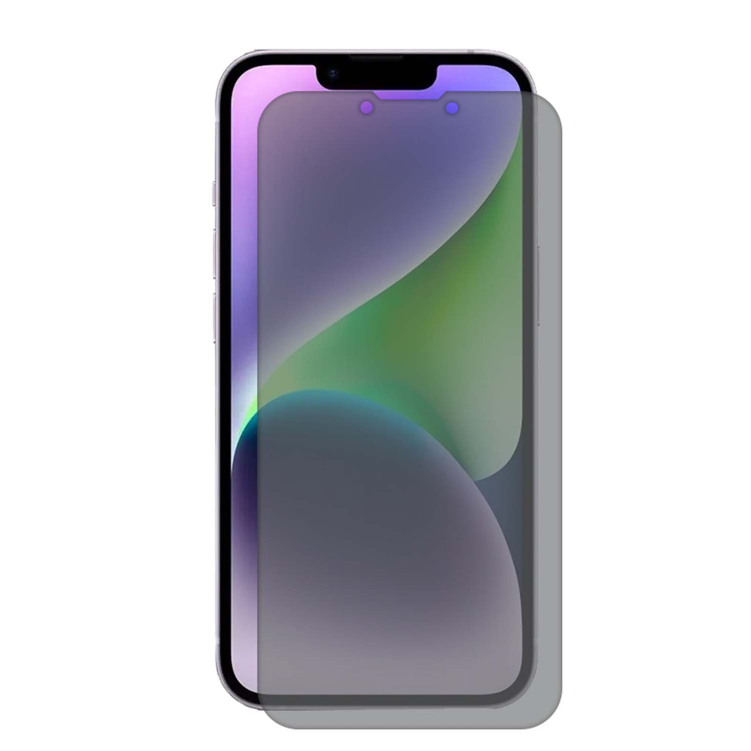 Een telefoon met een screenprotector, met een wazig, abstract groen en paars ontwerp op het scherm.