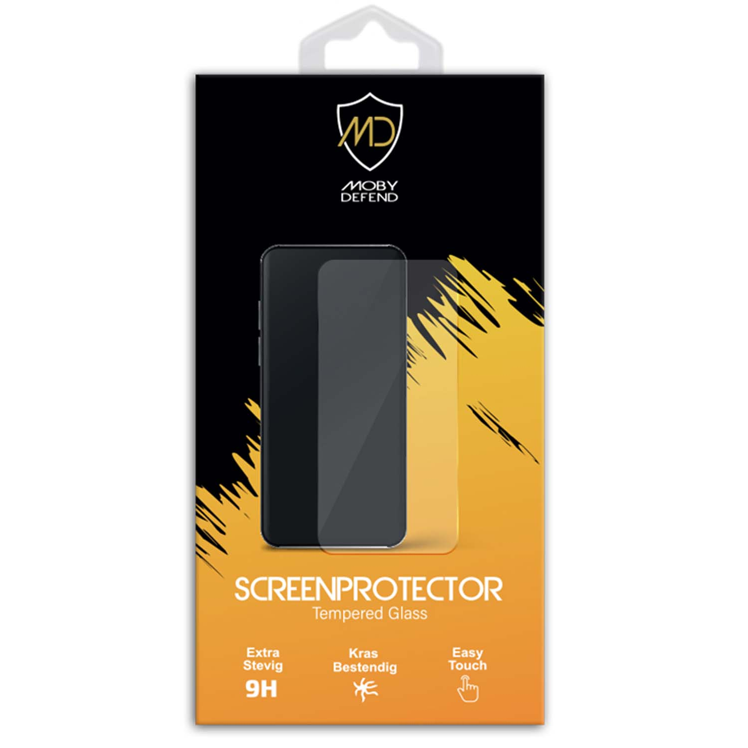 Verpakking met telefoon en screenprotector. Tekst: 'SCREENPROTECTOR Tempered Glass'.