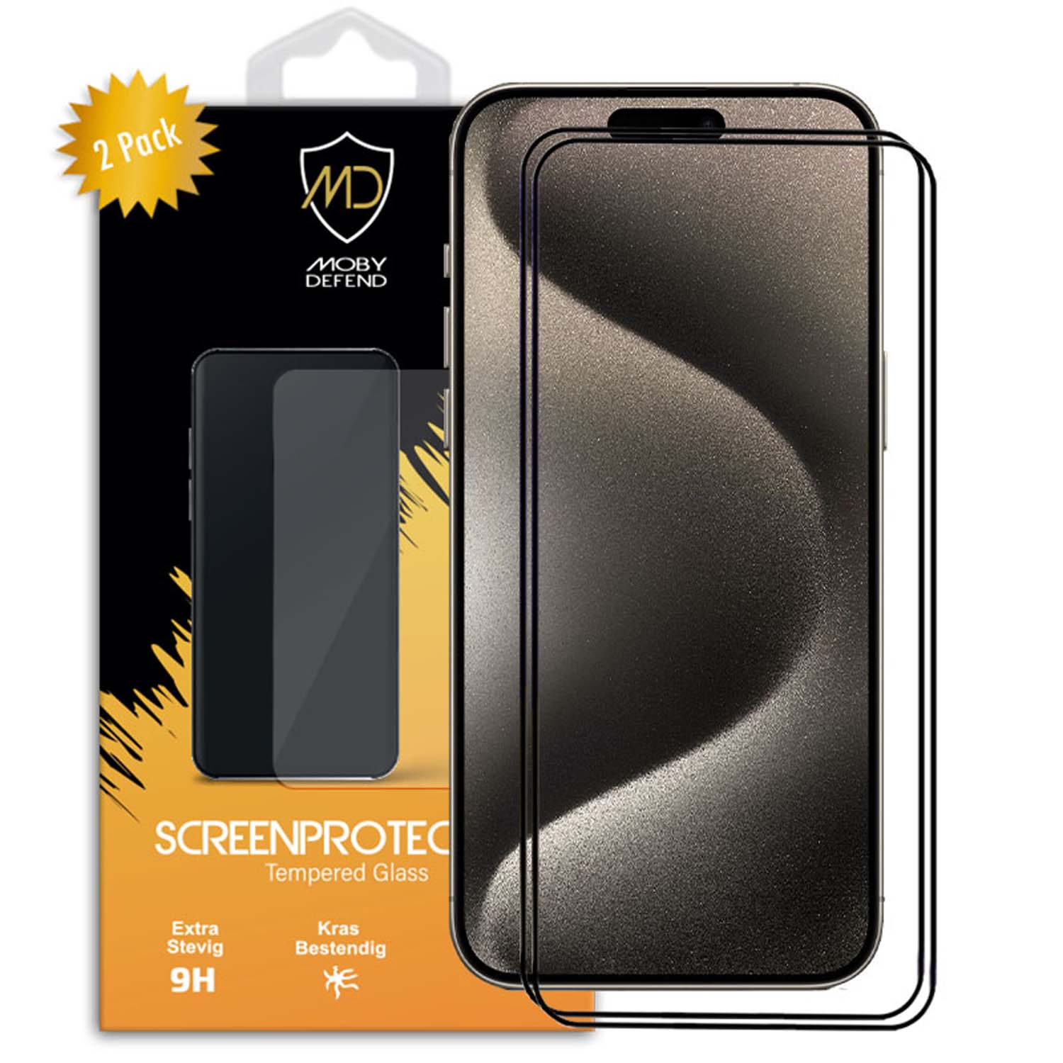 Emballage de protecteur d'écran de téléphone avec téléphone et protecteur. Le téléphone a un écran noir. Il est écrit 'SCREENPROTECT'.