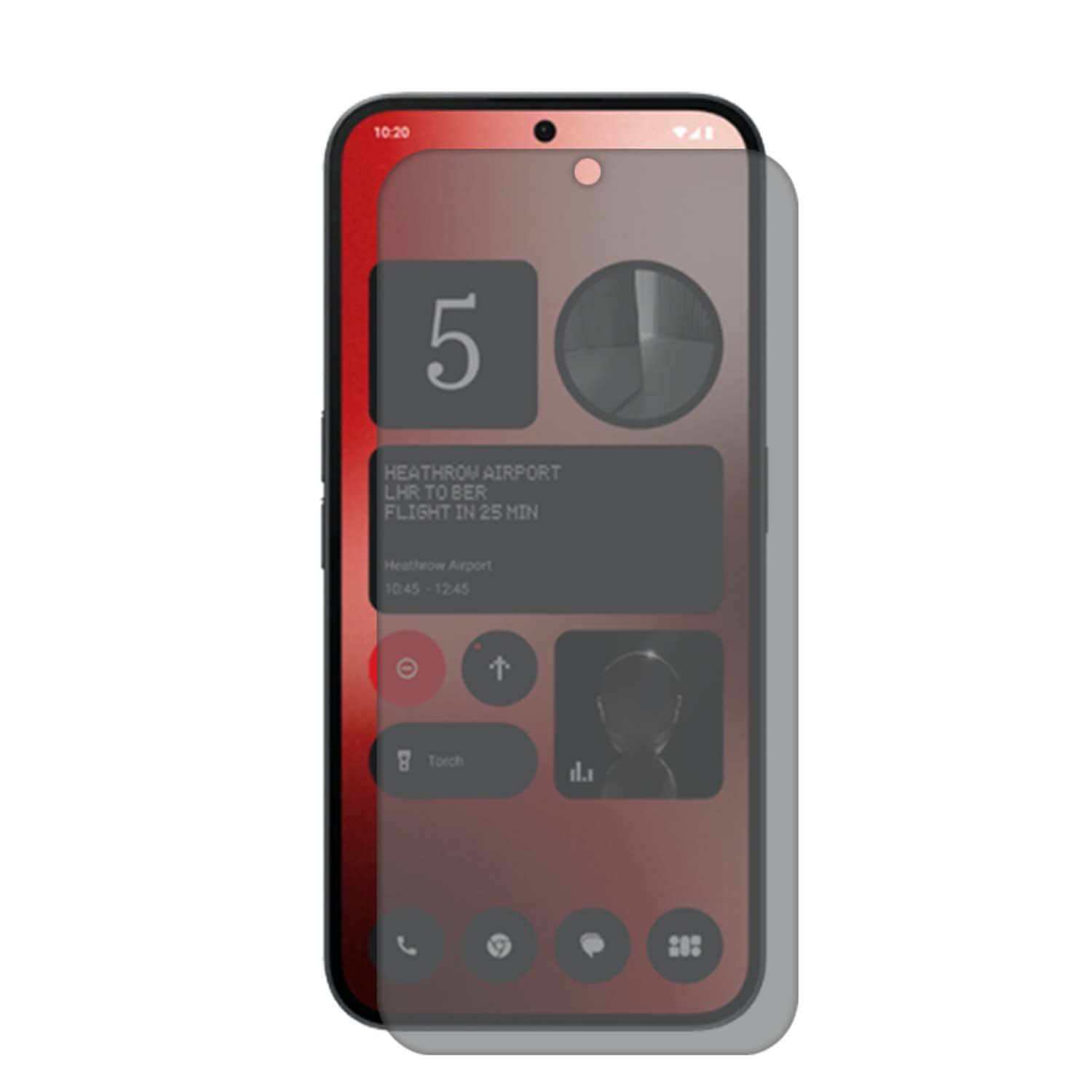 Téléphone avec protecteur d'écran. Affiche les icônes d'applications, l'heure et un fond rouge.