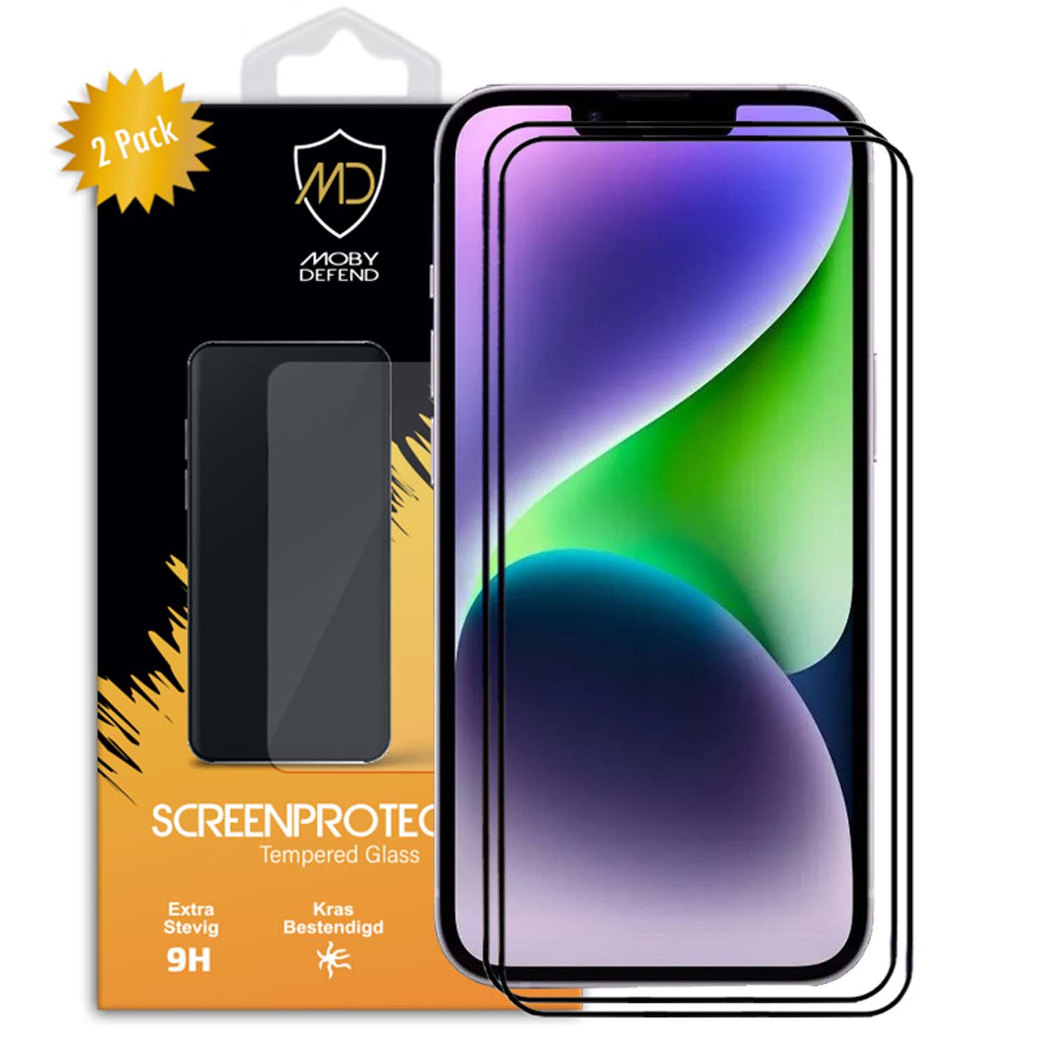 Een telefoon met een schermbeschermer en een verpakking met telefoonafbeelding. Tekst: Screenprotector.