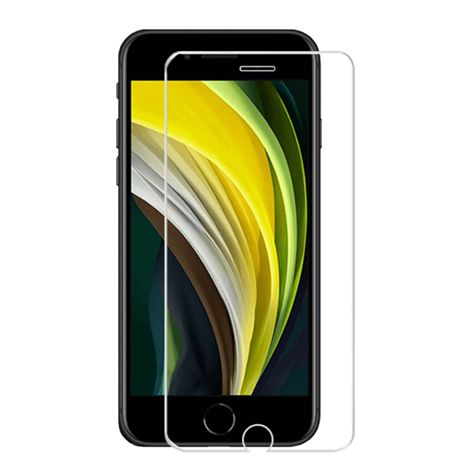 Een telefoon met een screenprotector aangebracht. De telefoon is zwart, de protector is helder.