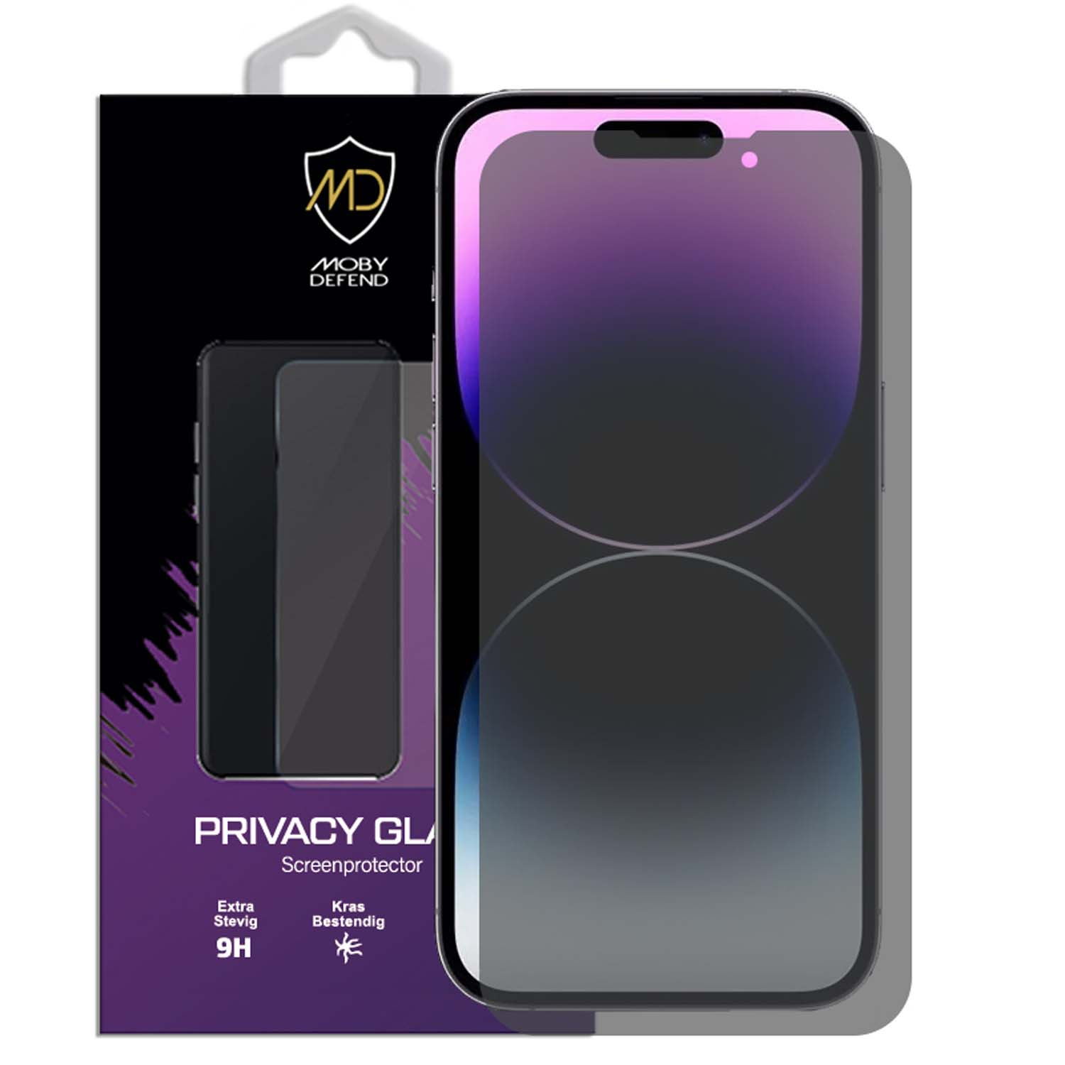 Protecteur d'écran de téléphone dans l'emballage. Protecteur, téléphone et boîte visibles. Palette de couleurs violet et noir.