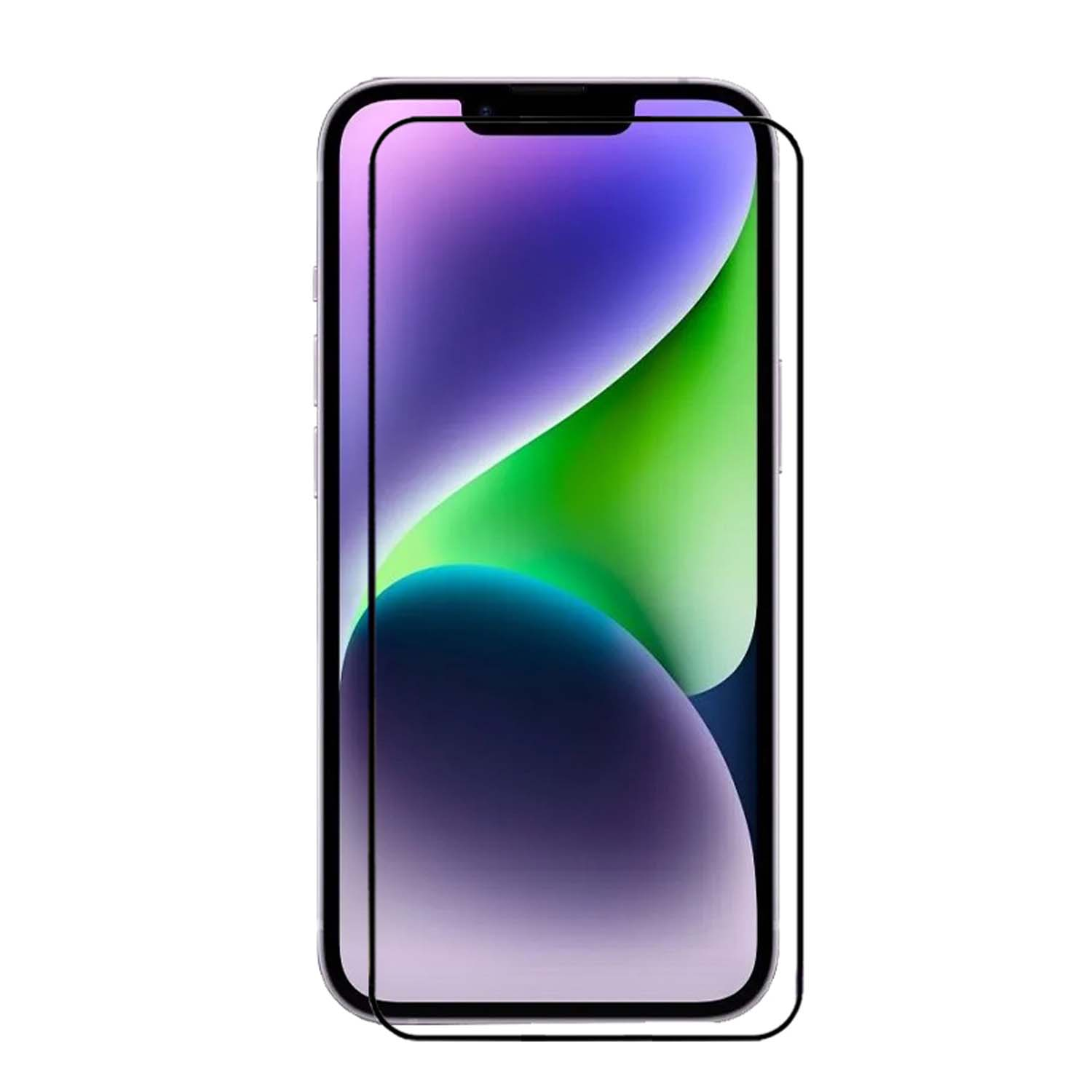 Un smartphone avec un protecteur d'écran appliqué, montrant des couleurs vertes et violettes.