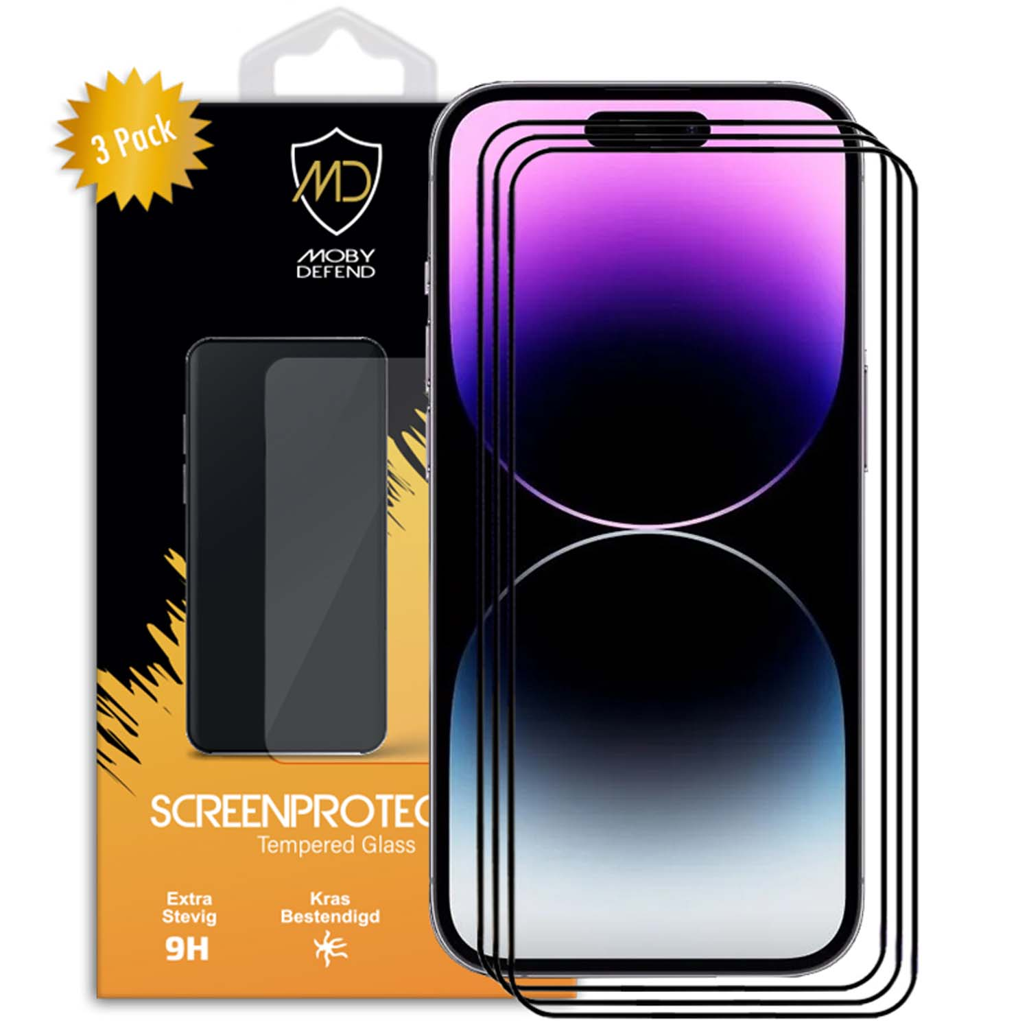Paquet de protecteurs d'écran. Les écrans de téléphone sont visibles. Le paquet a un logo et du texte sur le produit.