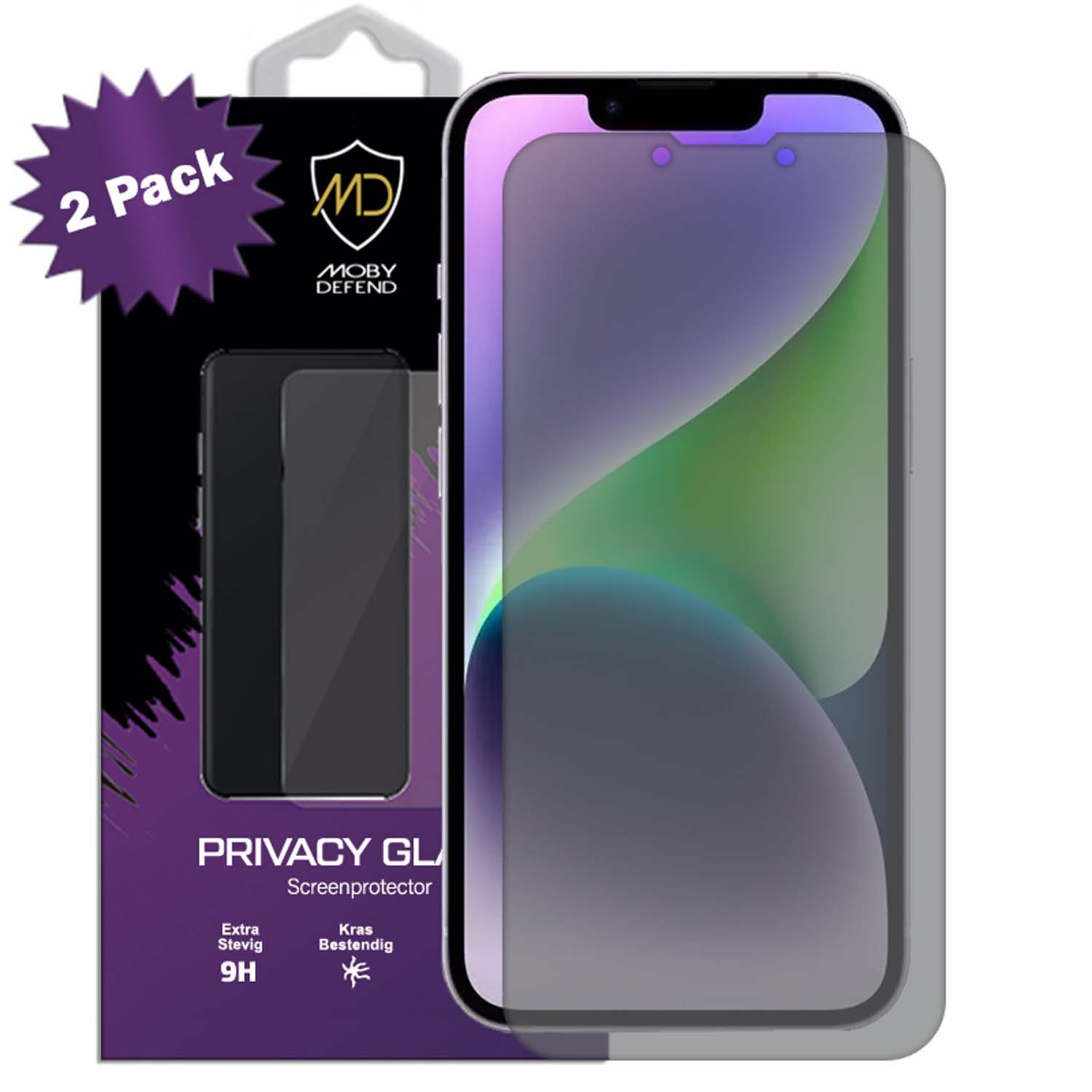 Schermbeschermer verpakking. Twee schermbeschermers. Telefoonscherm met paarse tint.