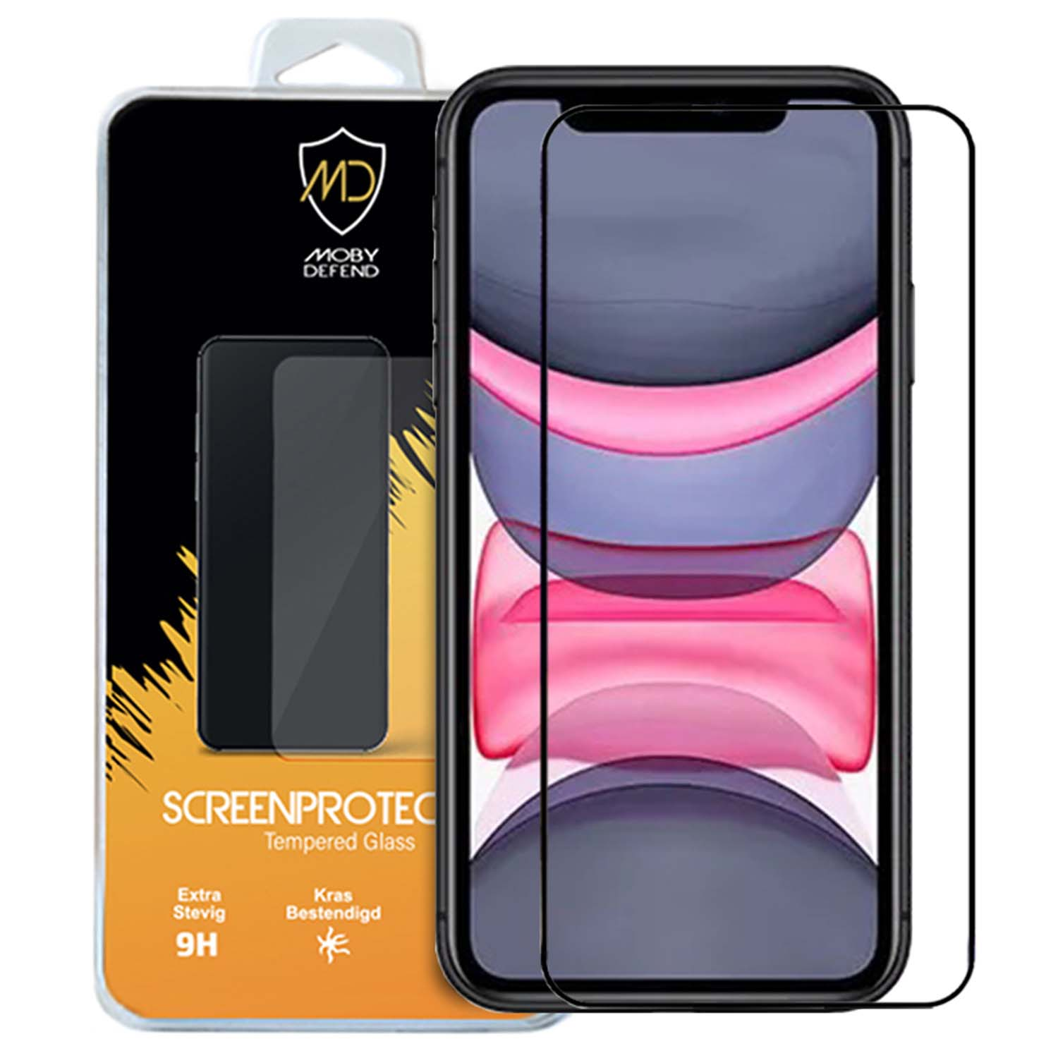 Un emballage de protection d'écran de téléphone. Le téléphone a un protecteur d'écran visible.