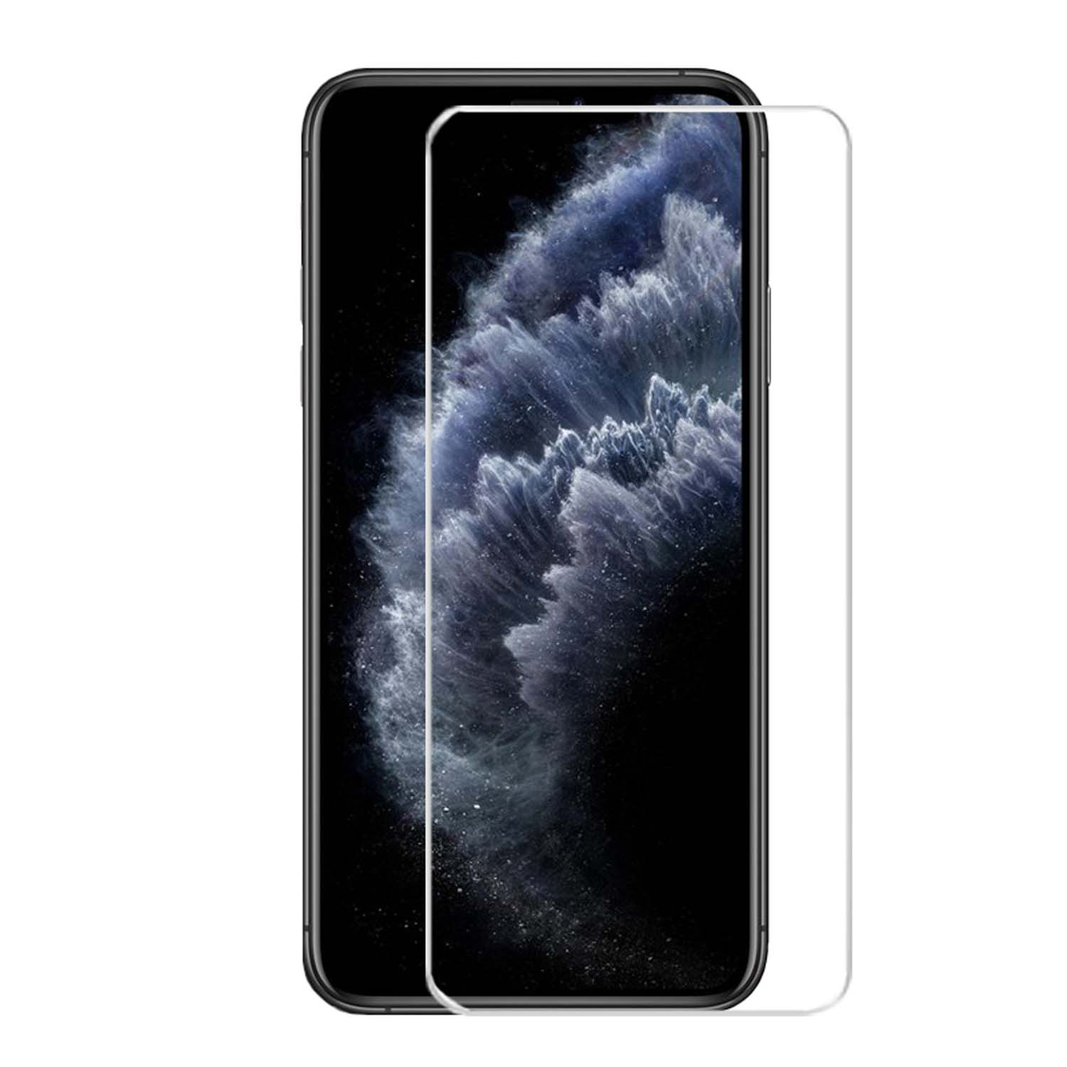 Un smartphone avec un protecteur d'écran appliqué, montrant un arrière-plan de ciel nuageux.
