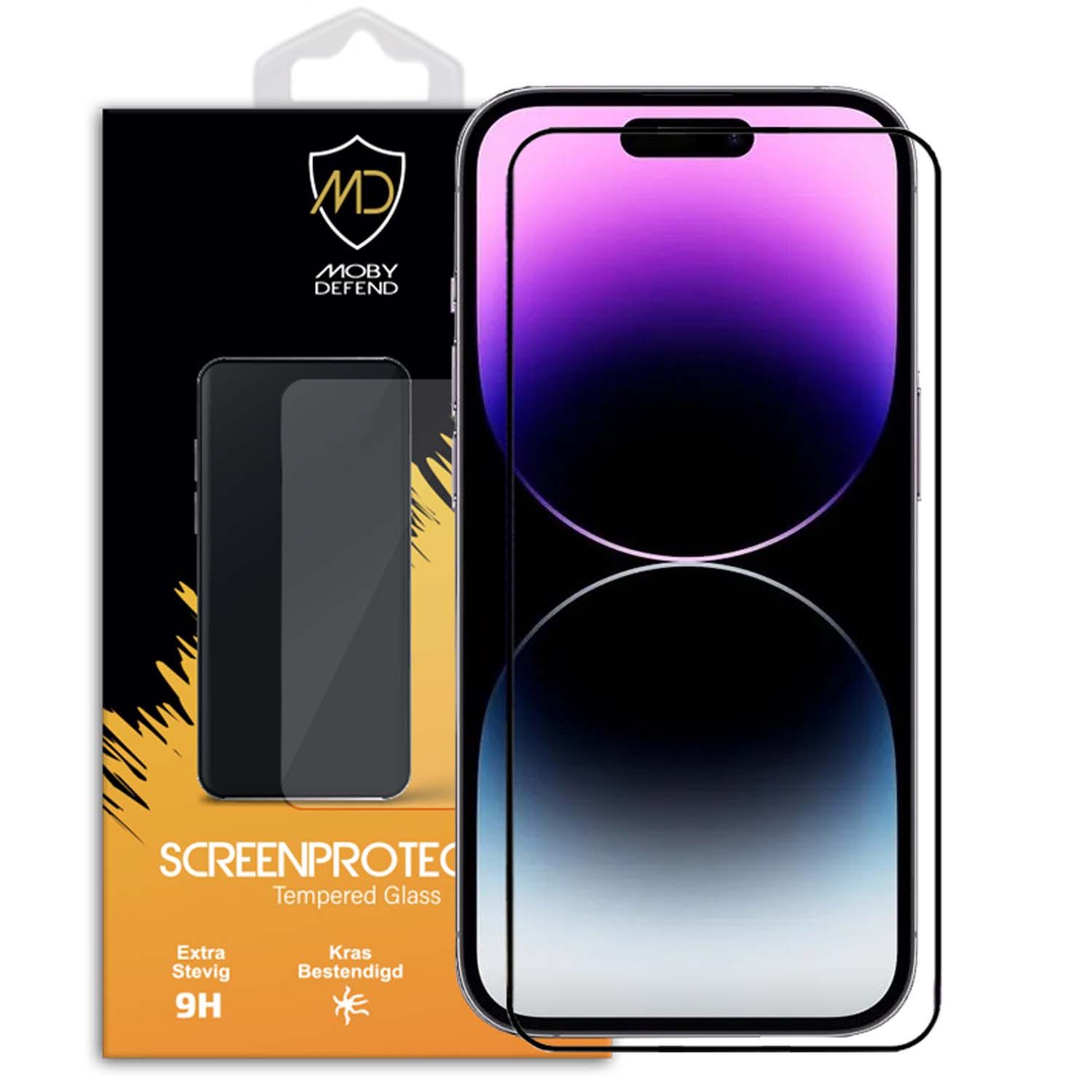 Téléphone avec protecteur dans une boîte. Thème noir et violet.