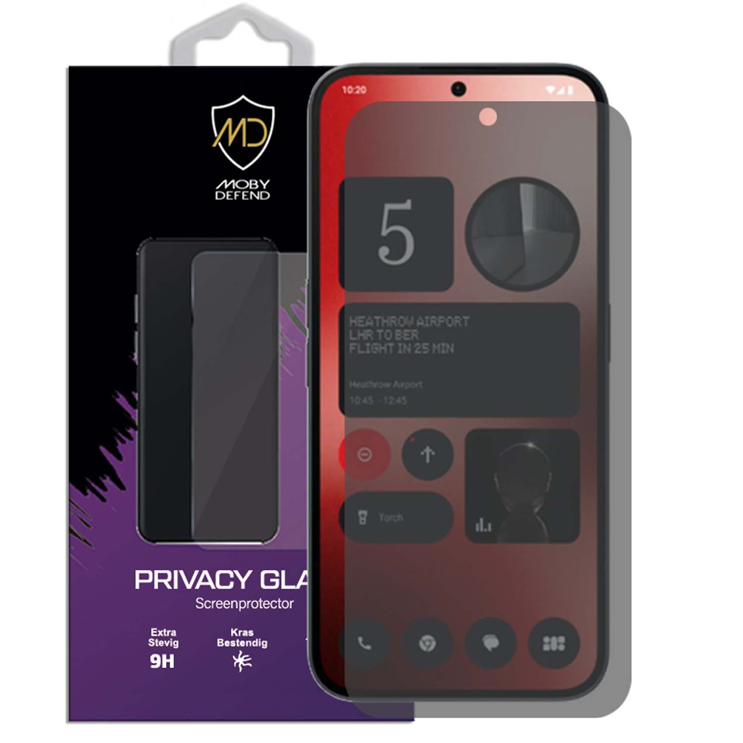 Protection d'écran de confidentialité et téléphone. Le téléphone affiche un écran avec l'heure et d'autres informations.