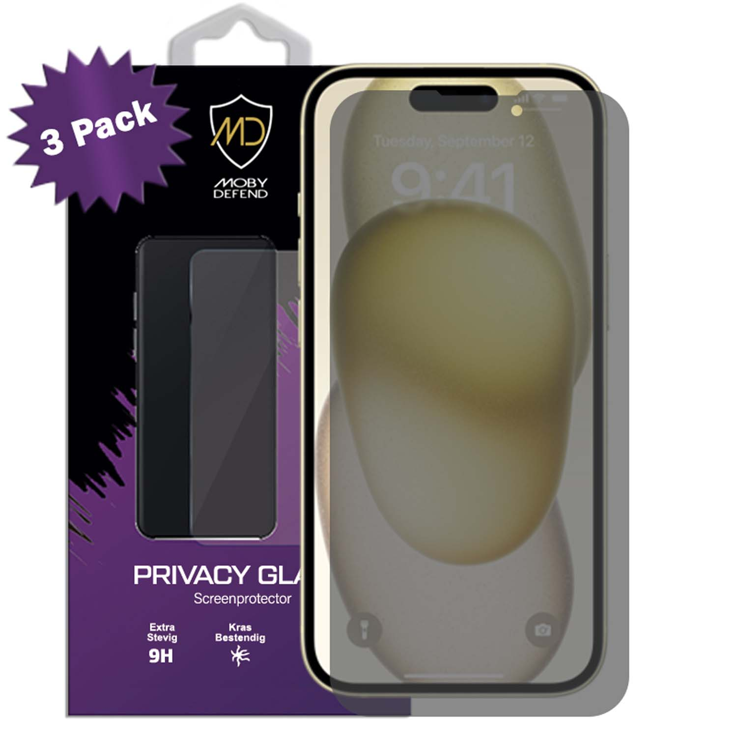 Un emballage de protection d'écran de téléphone. Le téléphone affiche un écran de confidentialité. Le paquet indique trois.