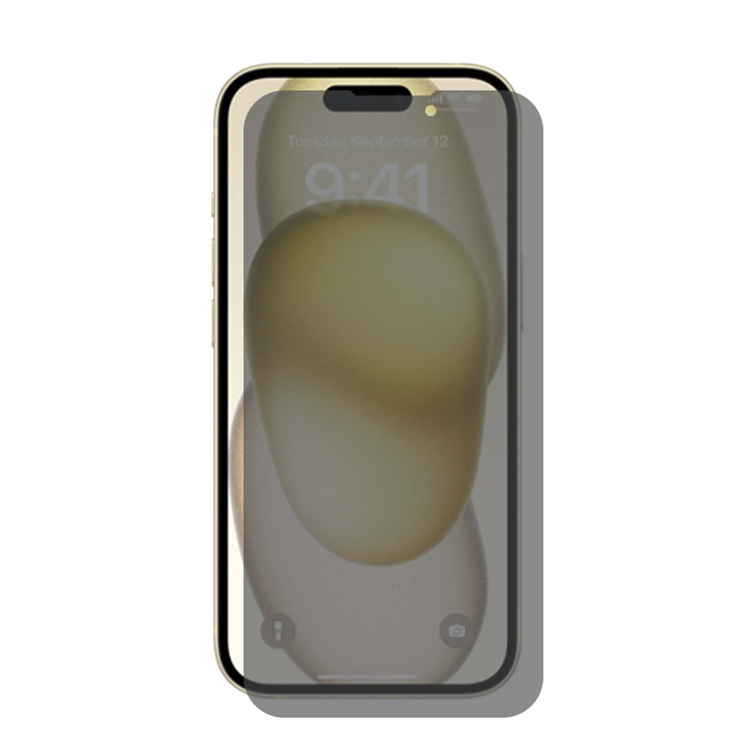 Un smartphone avec un protecteur d'écran appliqué, montrant un fond d'écran de couleur claire.