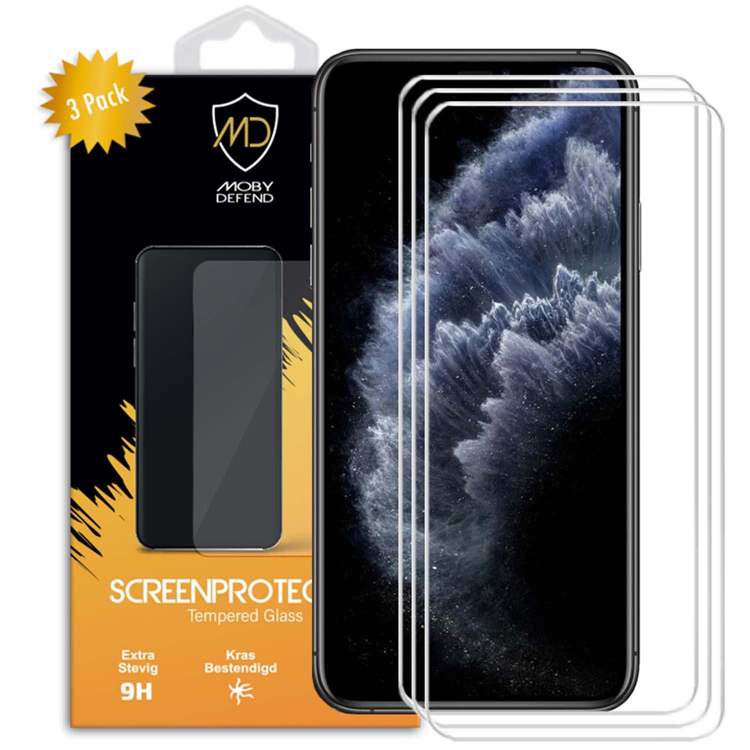 Téléphone avec trois protecteurs dans une boîte. Thème noir et jaune.