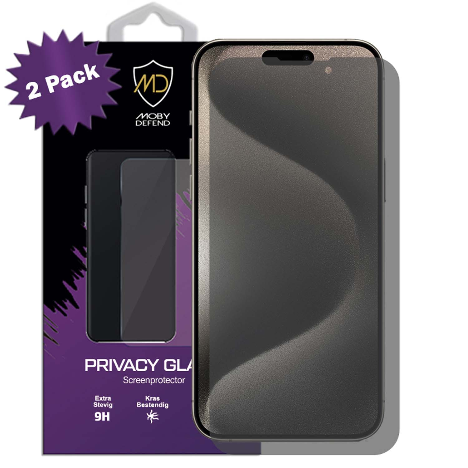Une boîte de protection d'écran de téléphone avec un protecteur en forme de téléphone, étiqueté 'Privacy Glass'.