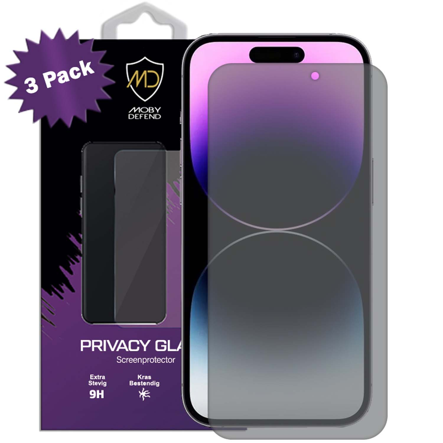 Téléphone avec protecteur de confidentialité sombre. Emballage avec téléphone. Pack de trois. Texte néerlandais.