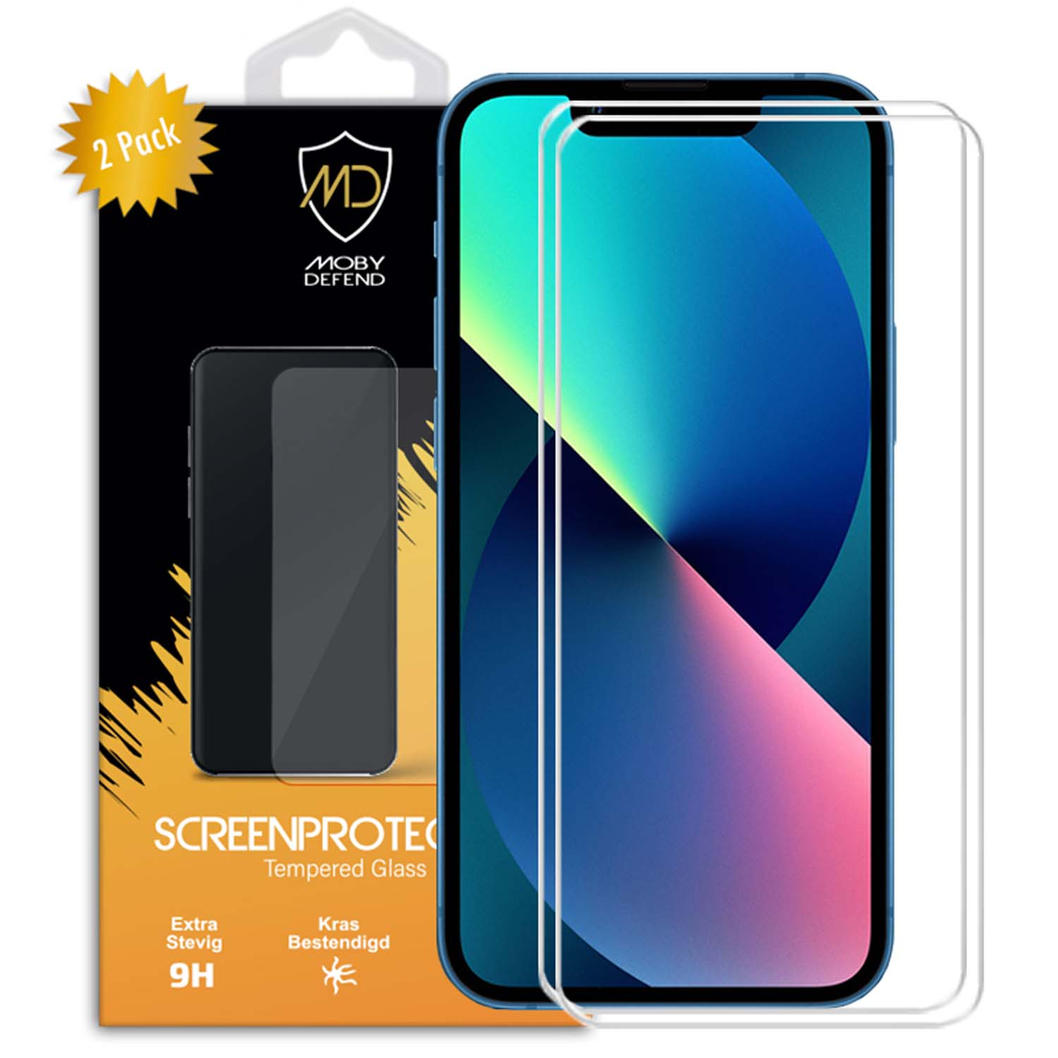 Paquet de protecteur d'écran avec un téléphone et deux protecteurs. L'écran affiche un fond bleu.