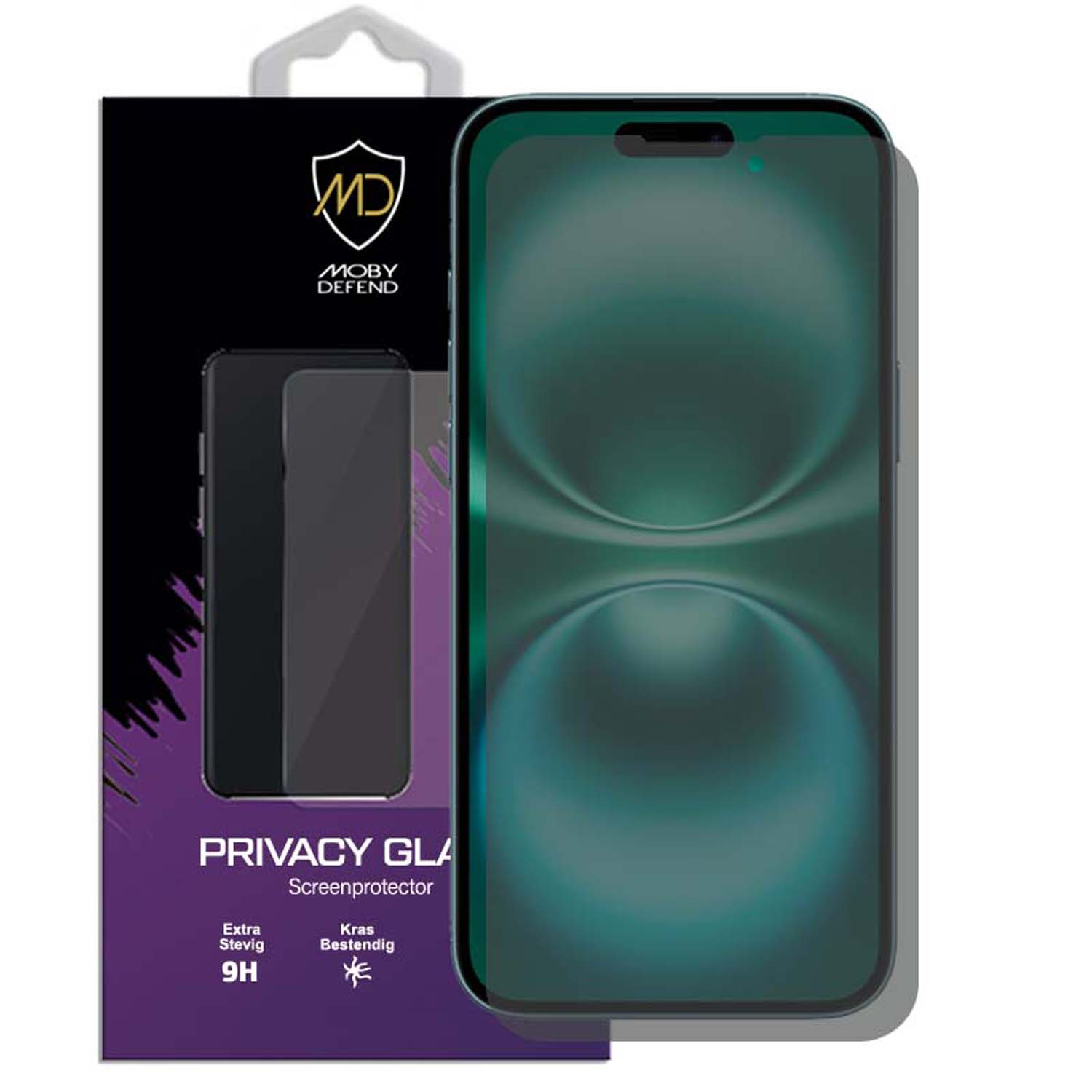Un téléphone avec un protecteur d'écran et sa boîte, le téléphone affichant un motif abstrait vert.