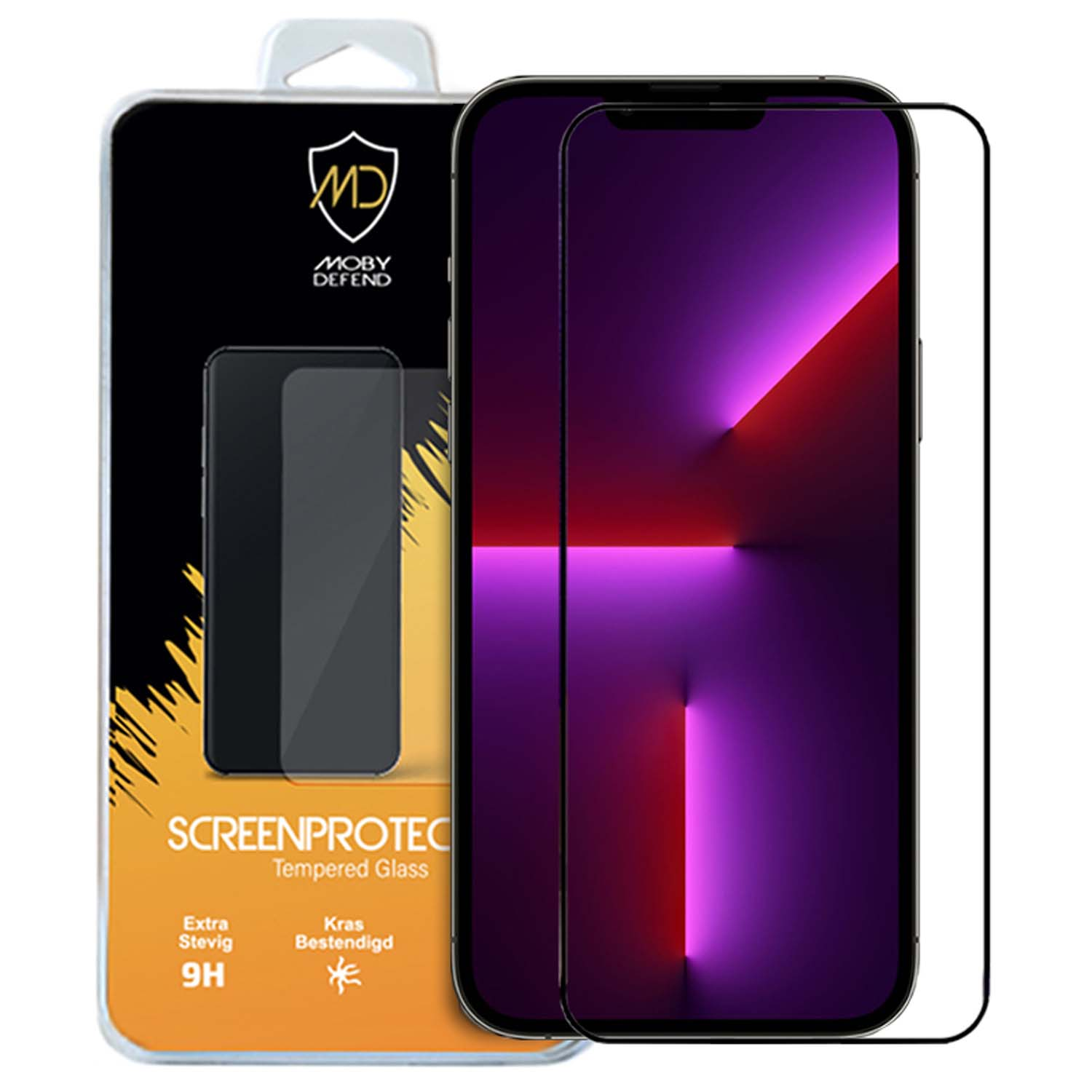 Een telefoon met een schermbeschermer en een verpakking met telefoonafbeelding. Tekst: Screenprotector.