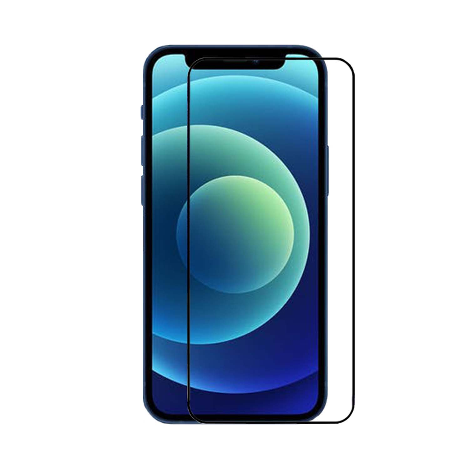 Een blauwe smartphone met een schermbeschermer, met een blauwe achtergrond op het scherm.