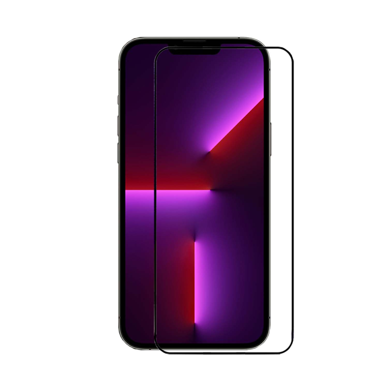 Een telefoon met een screenprotector, met een helder rood en paars ontwerp op het scherm.