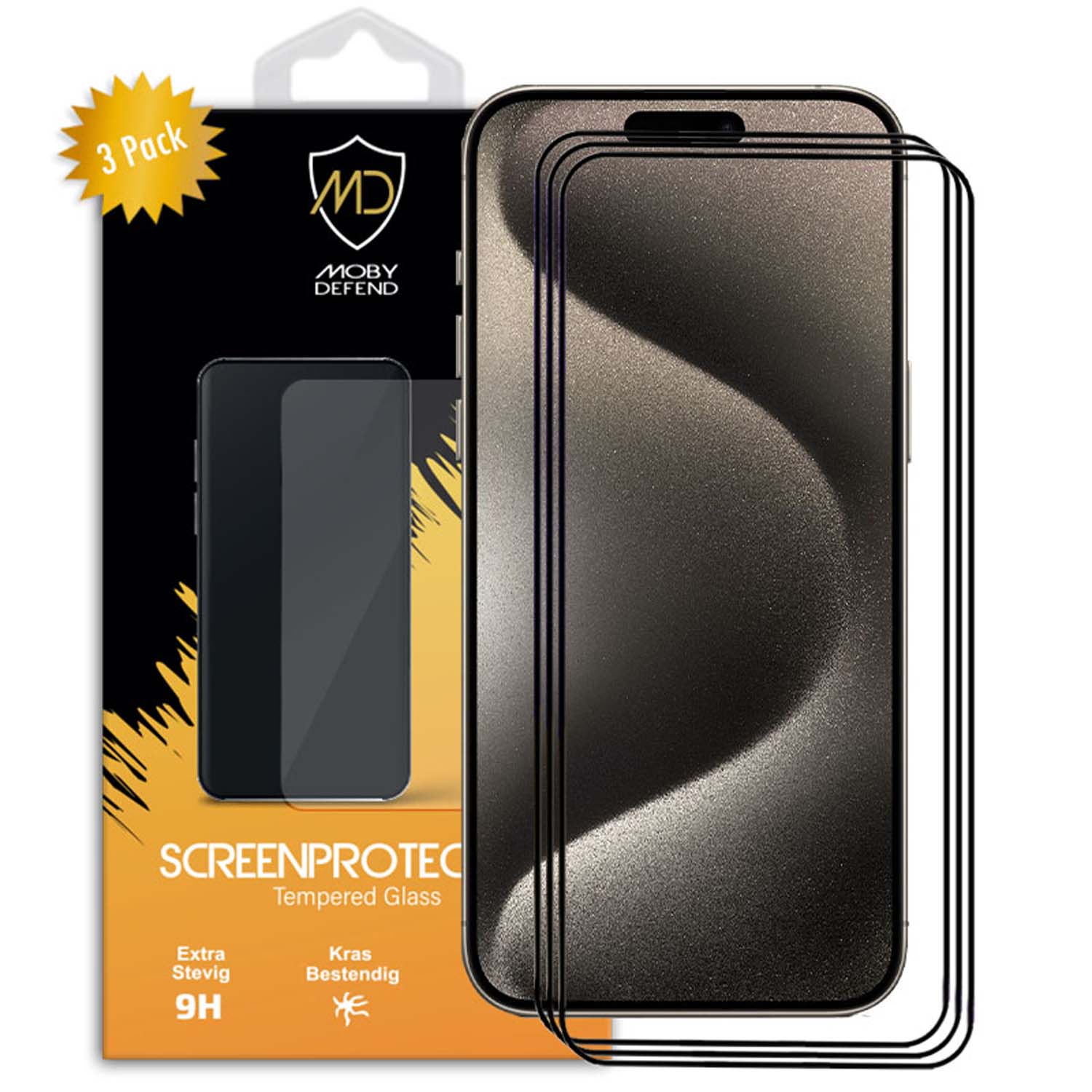 Telefoon met screenprotector, in een doos met tekst 'Screenprotector' en '3 Pack'.