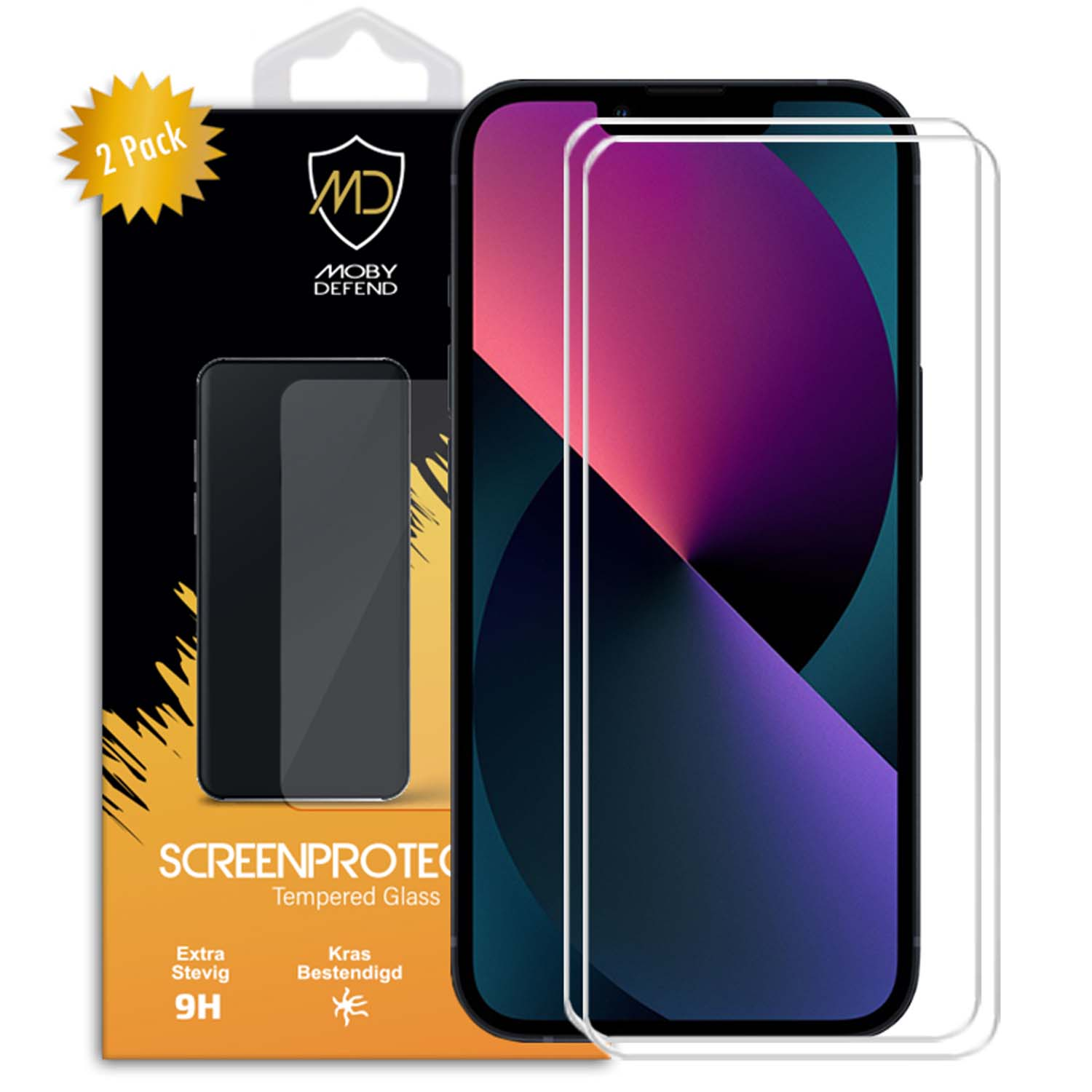 Telefoonschermbeschermer doos met telefoon en beschermer. De doos zegt '2 Pack'.