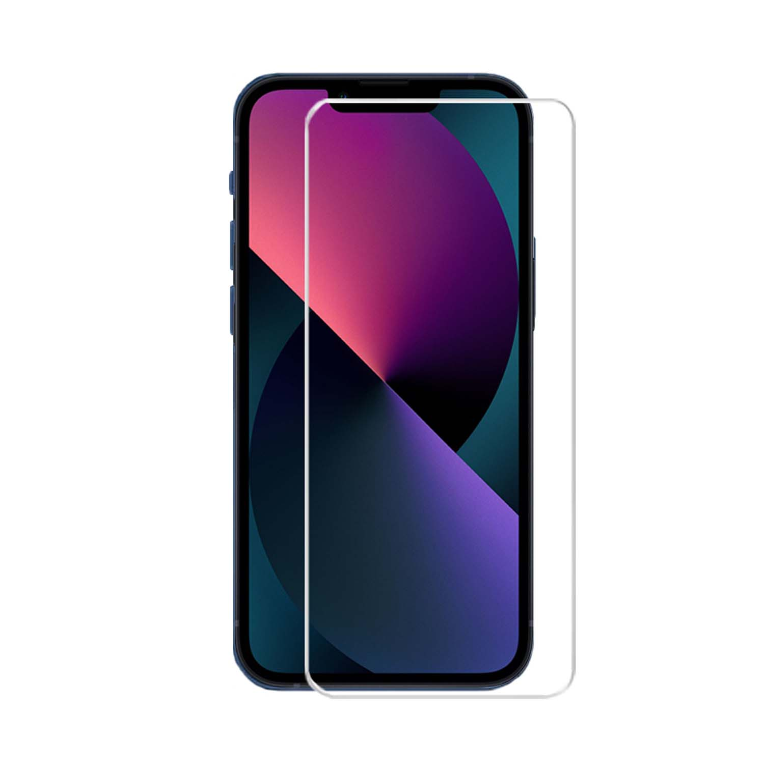 Een telefoon met een screenprotector, met een kleurrijk ontwerp met paarse, roze en blauwe tinten.
