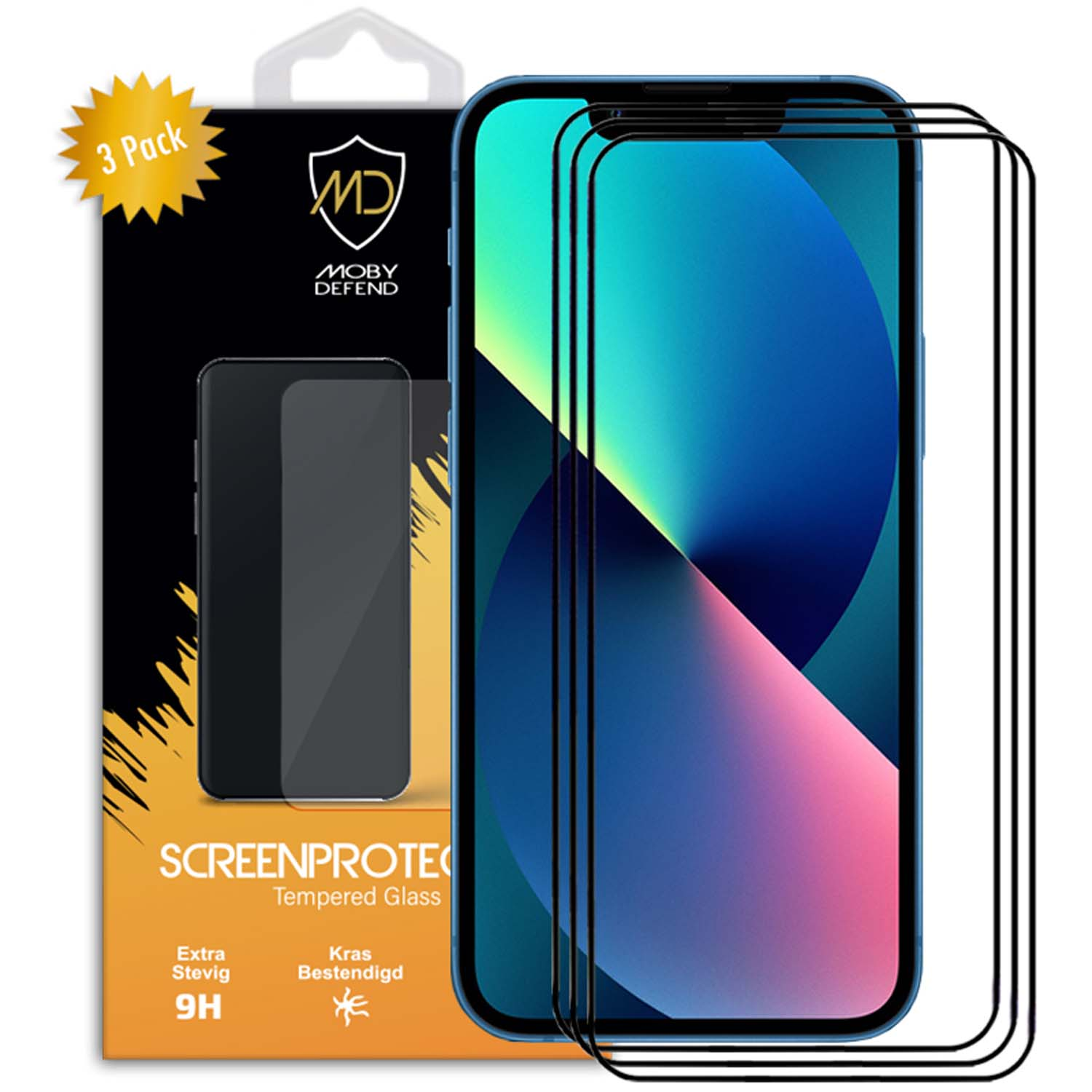 Un pack de 3 protections d'écran et un téléphone. Le téléphone a une protection d'écran appliquée.