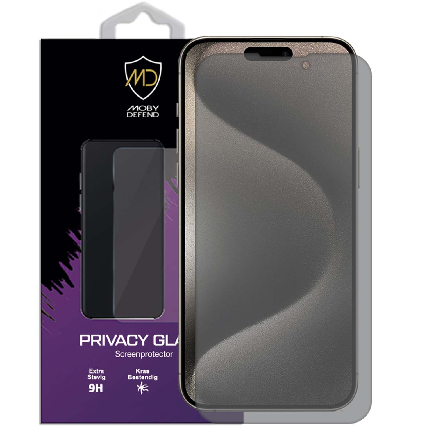 Téléphone avec protecteur de confidentialité sombre. Emballage avec téléphone. Texte néerlandais.