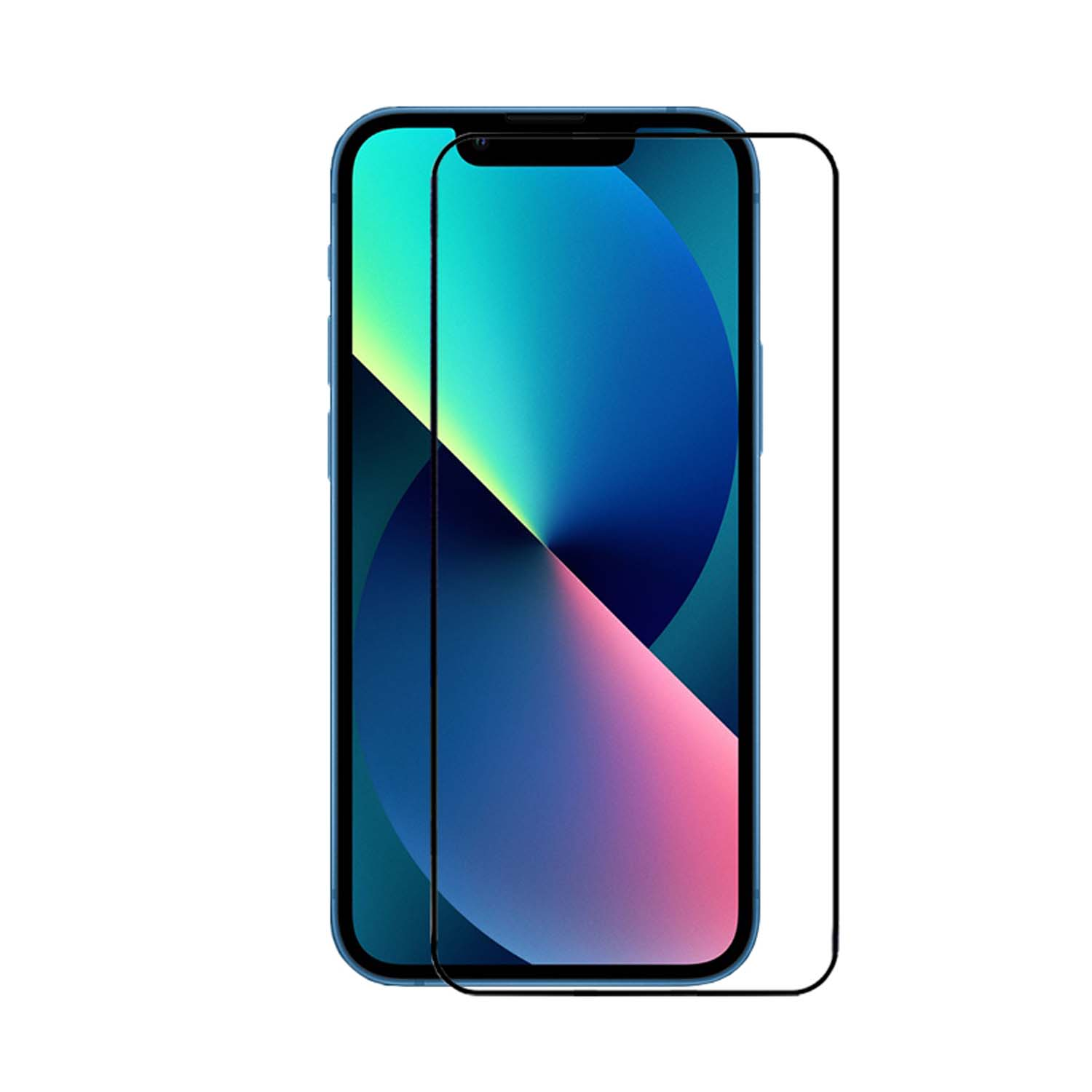 Téléphone bleu avec protecteur. Fond blanc.
