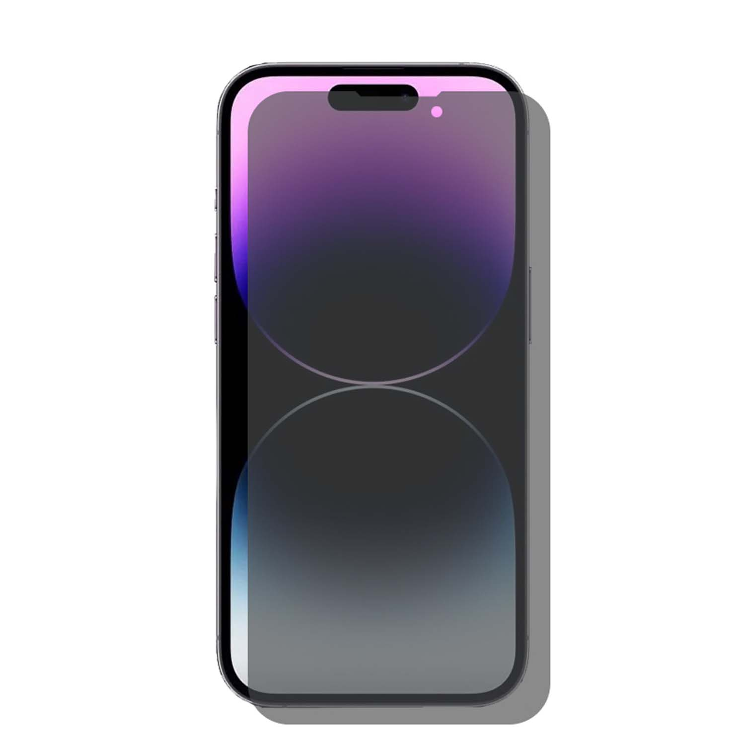 Een smartphone met een privacy screenprotector, met een paarse en donkere achtergrond.