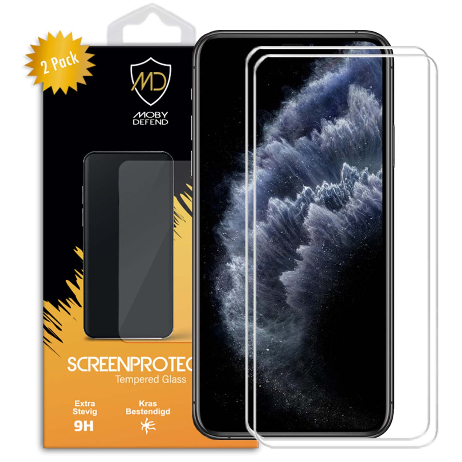 Un protecteur d'écran 2-pack pour un téléphone, avec une image de l'écran du téléphone.