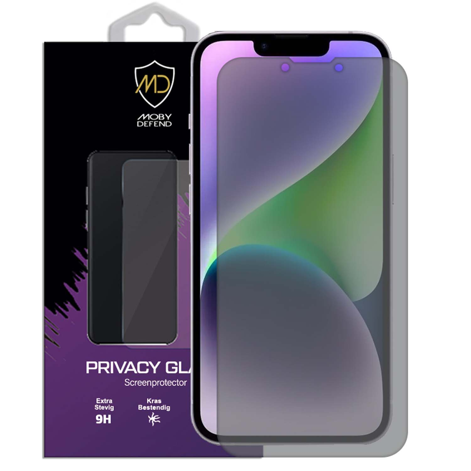 Telefoon met privacy schermbeschermer, verpakt met logo.
