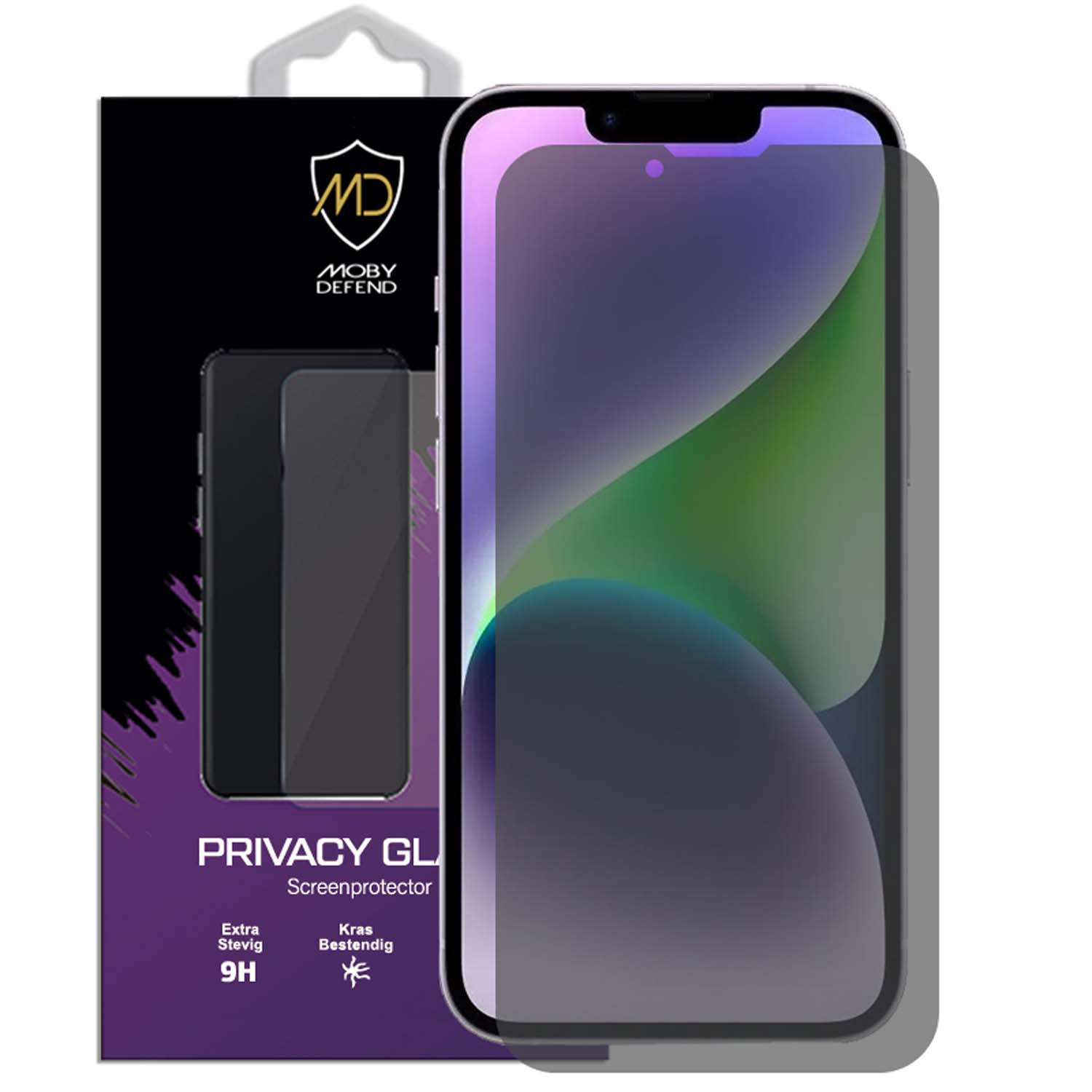 Een telefoon met een privacy screenprotector en een doos met screenprotectors. Paarse en grijze kleuren.