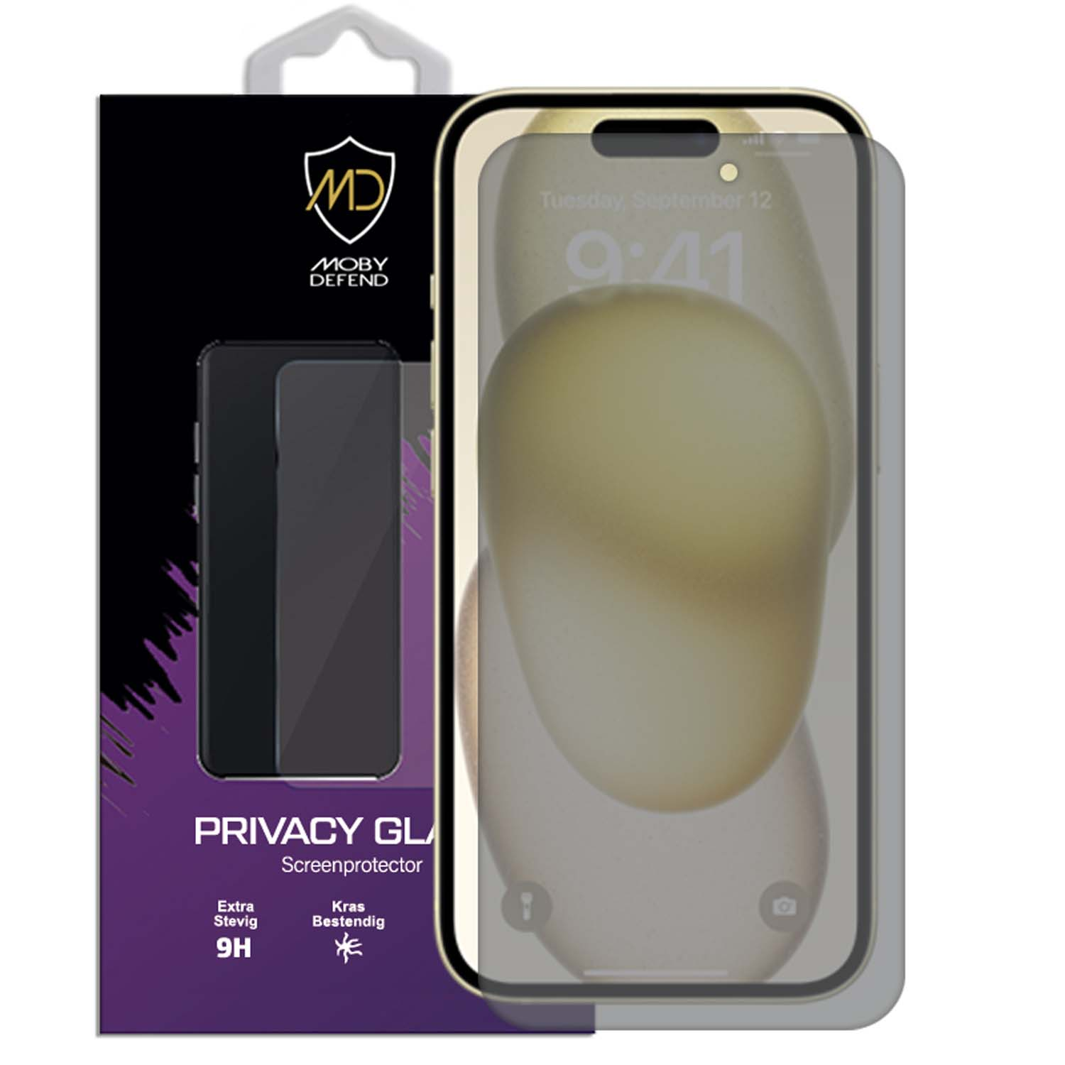 Téléphone avec protecteur d'écran de confidentialité. L'écran affiche l'heure.