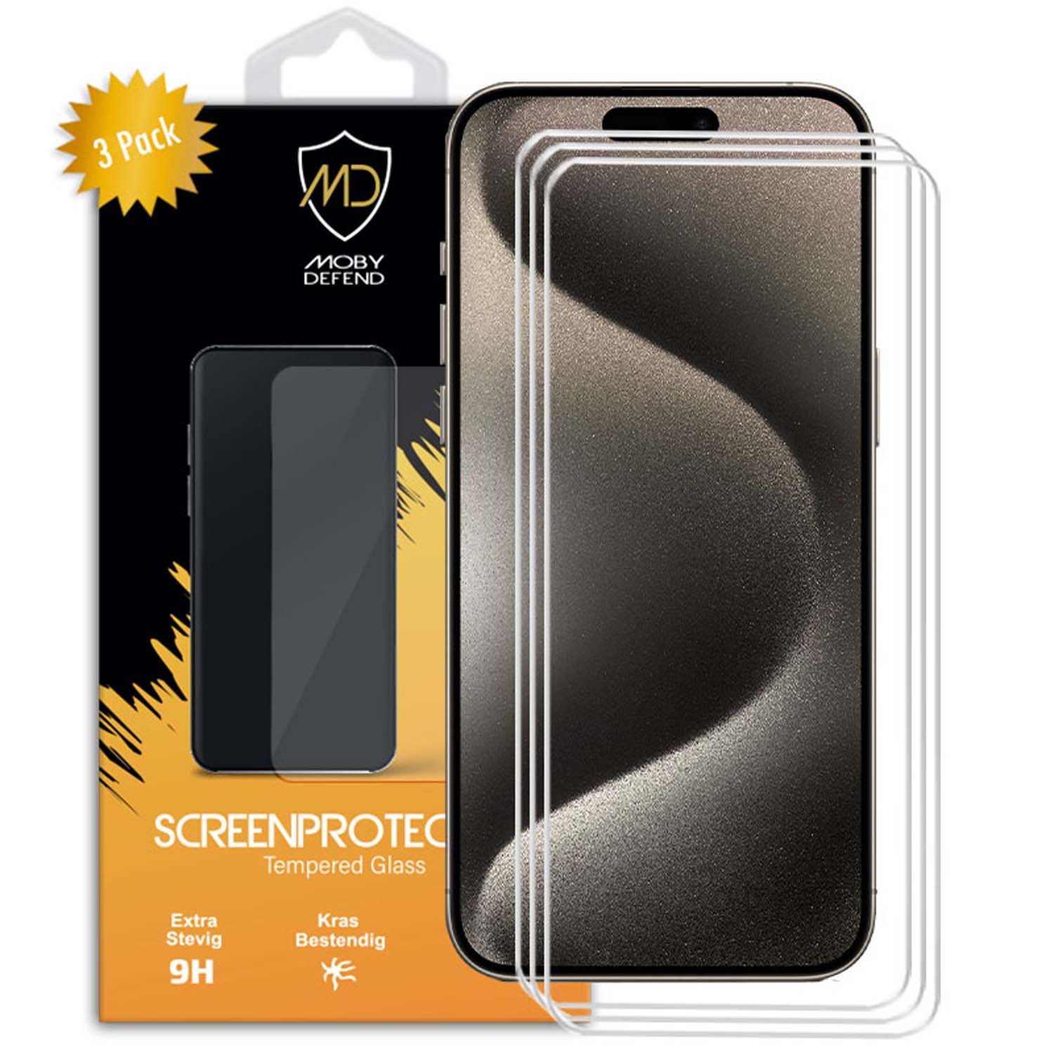 Schermbeschermer pakket met een telefoon en drie beschermers. Het scherm staat in privacy modus.