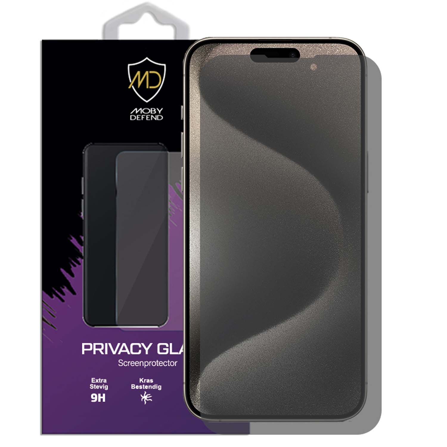 Een telefoon met een screenprotector, met een donker, abstract ontwerp op het scherm.