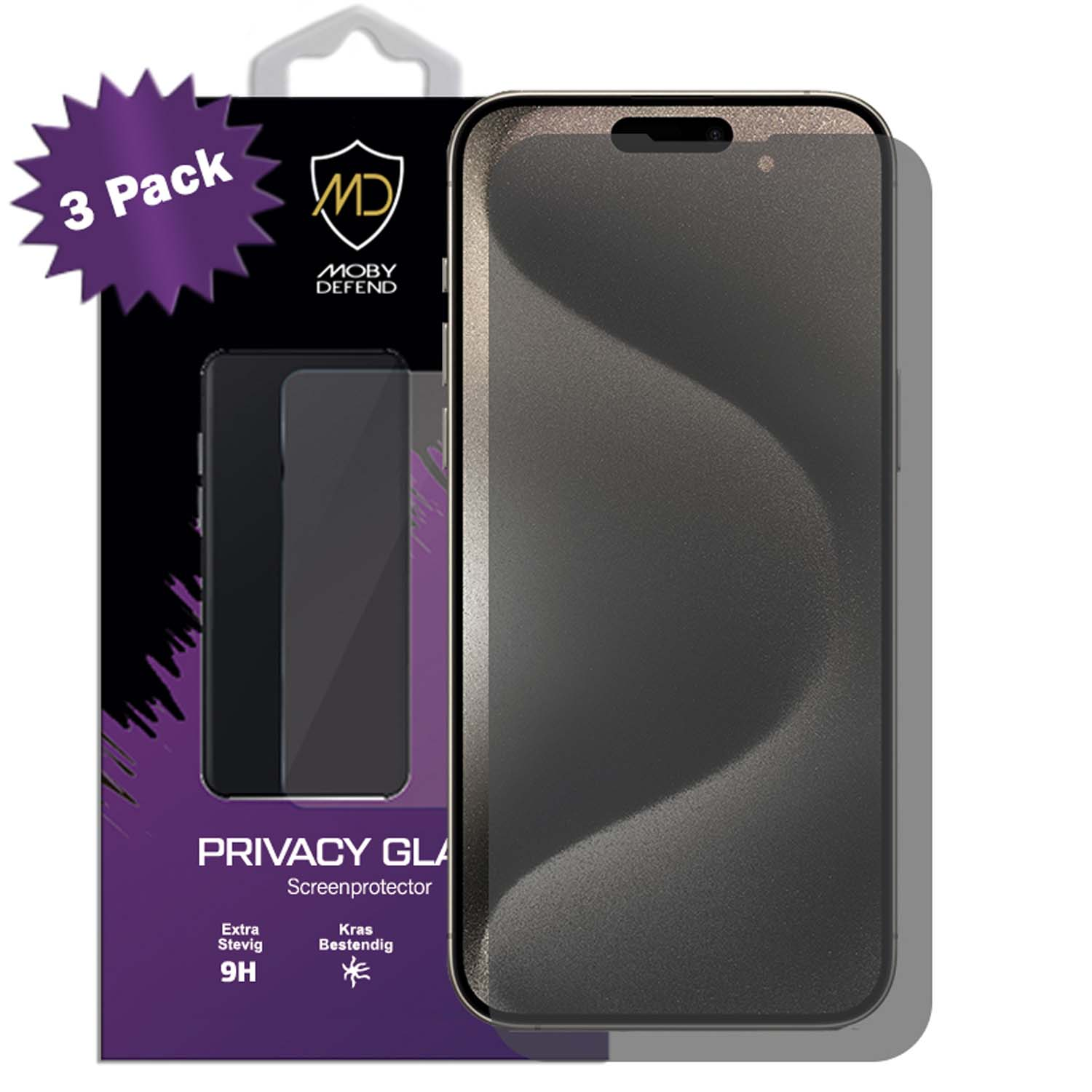 Téléphone avec protecteur d'écran, dans une boîte avec texte 'Privacy Glass' et '3 Pack'.