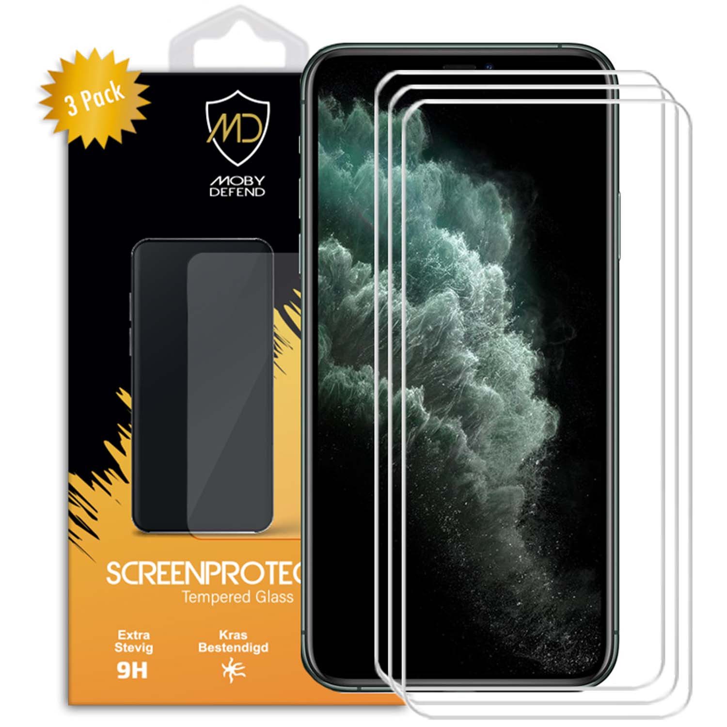 Un protecteur d'écran 3-pack pour un téléphone, avec une image de l'écran du téléphone.