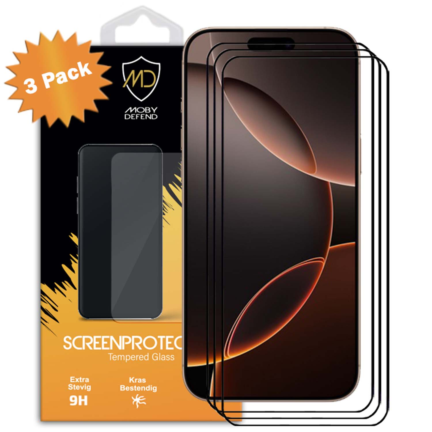 Verpakking van screenprotectors. De telefoonschermen zijn zichtbaar. De verpakking heeft een logo en tekst over het product.